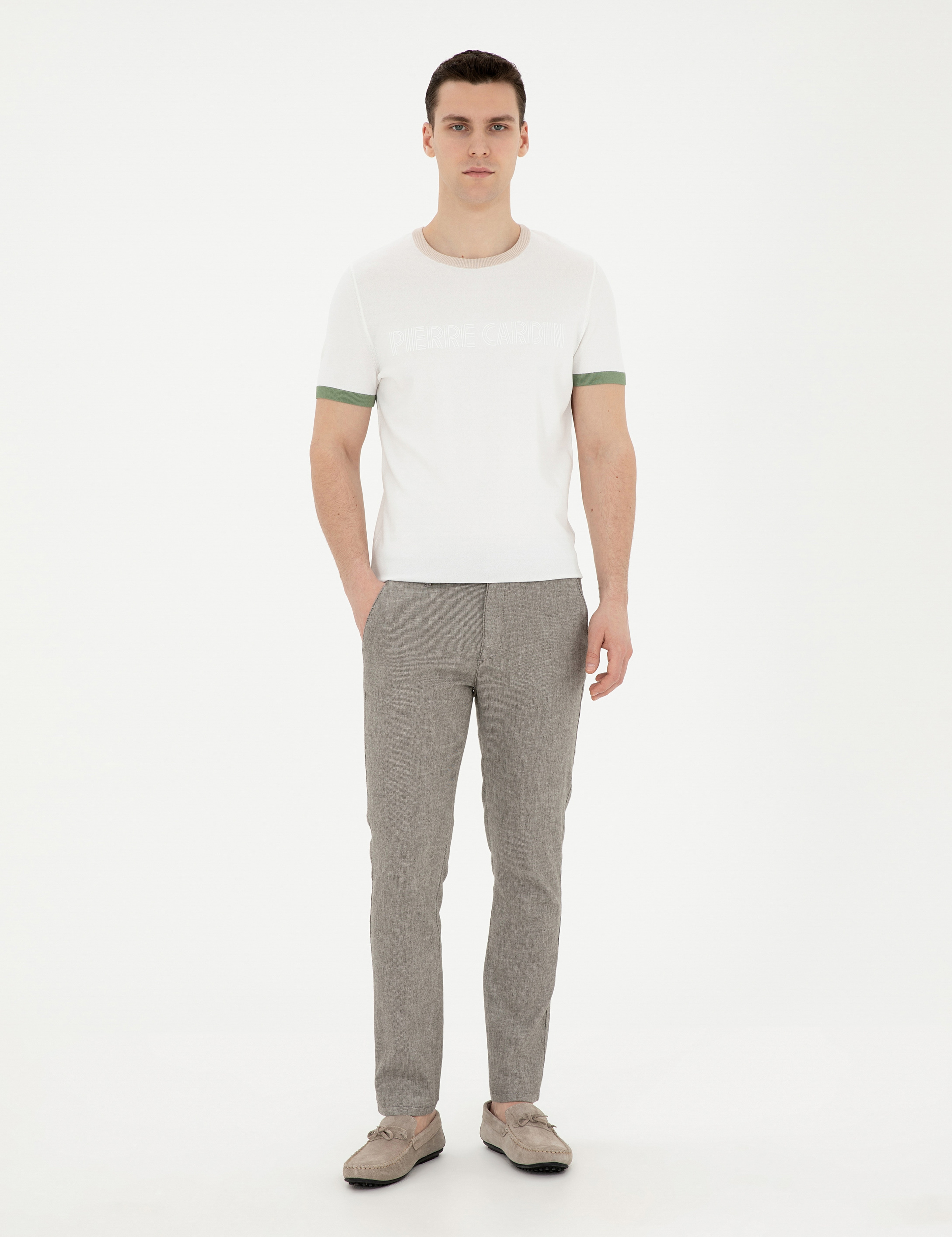 Yeşil Slim Fit Keten Karışımlı Kanvas Pantolon - Image 1