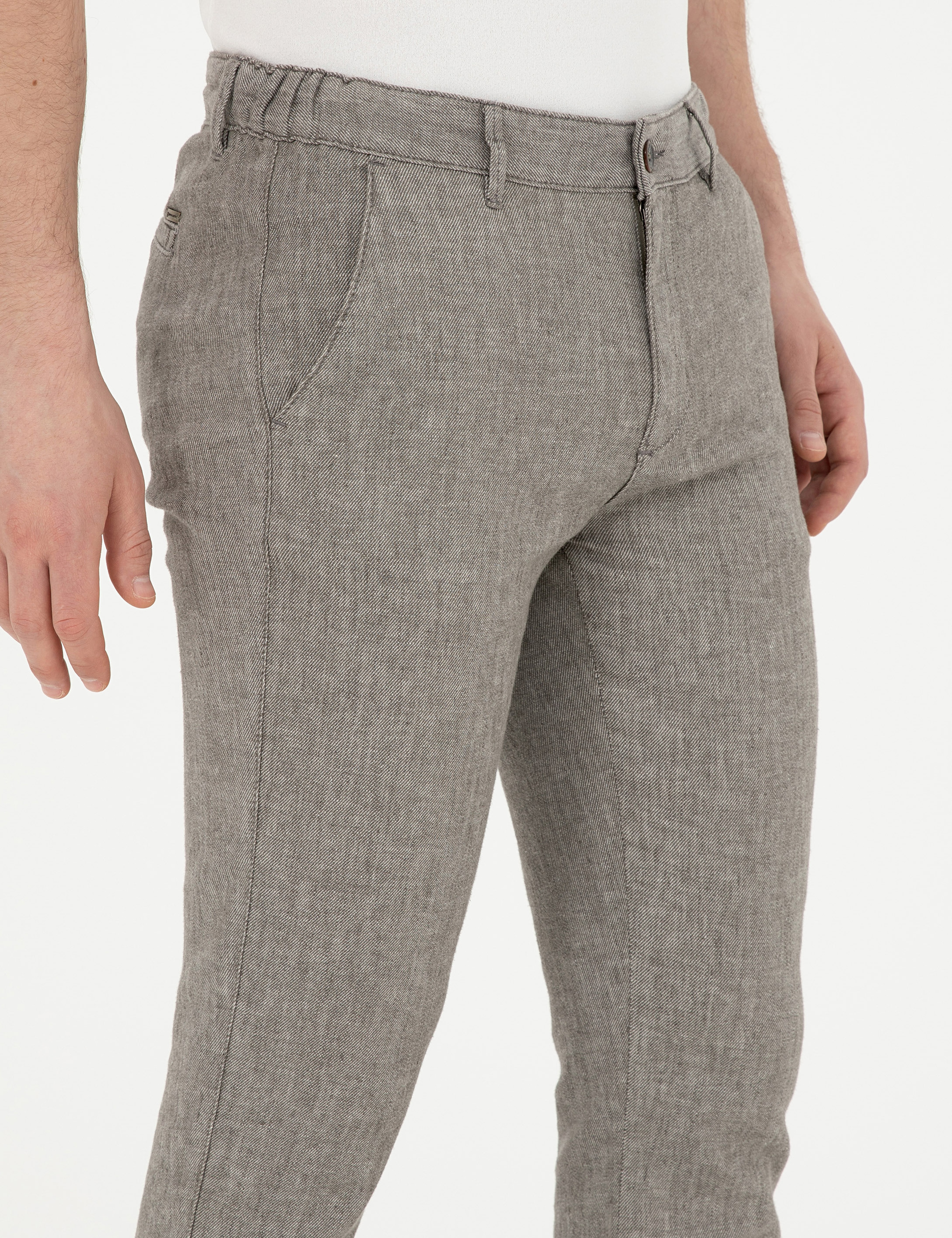 Yeşil Slim Fit Keten Karışımlı Kanvas Pantolon - Image 5