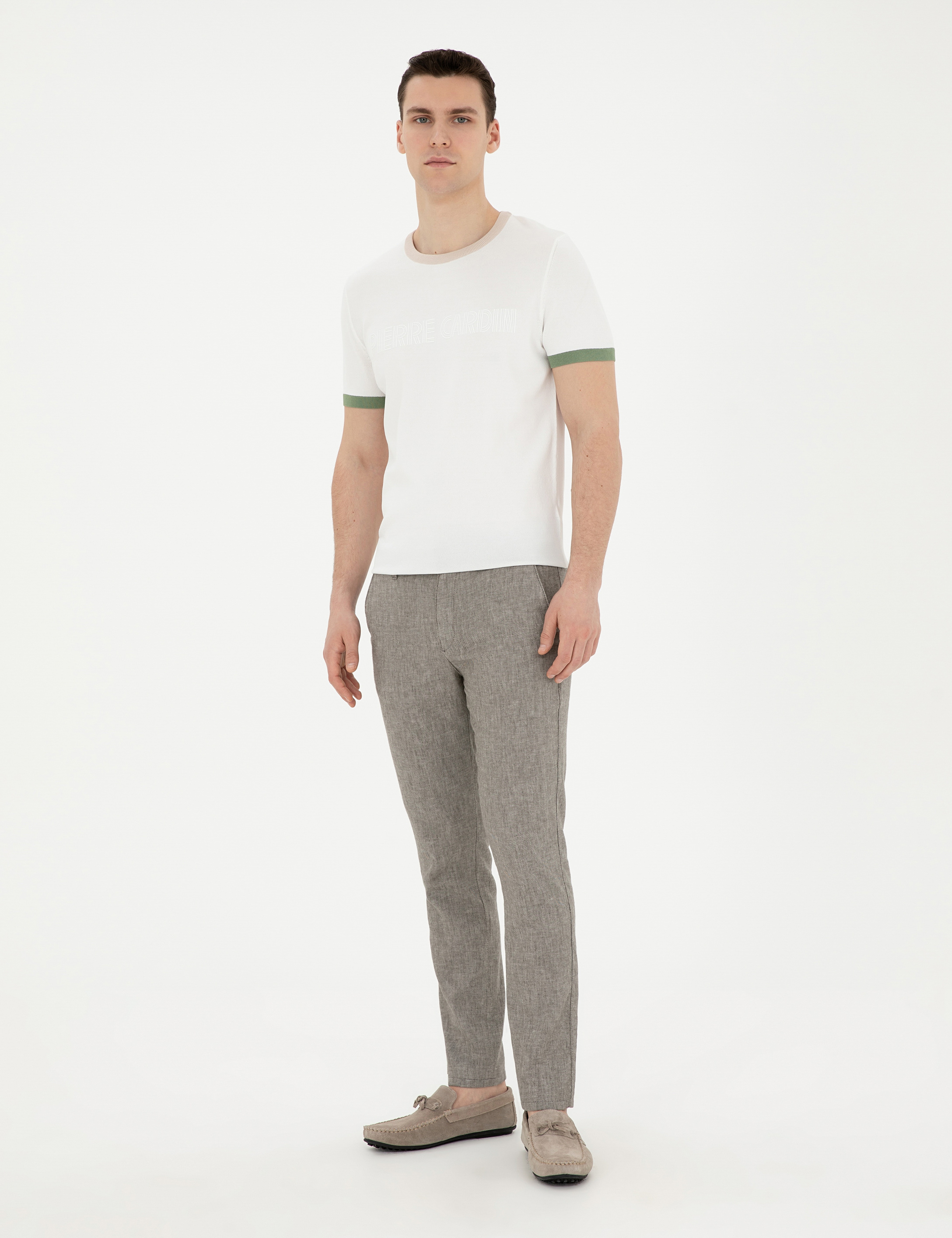 Yeşil Slim Fit Keten Karışımlı Kanvas Pantolon