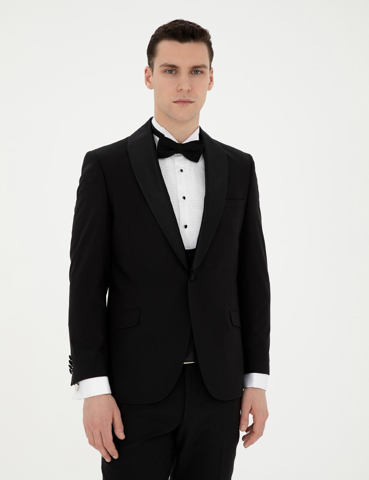 Siyah Ex. Slim Fit Yelekli Smokin - 50288078005