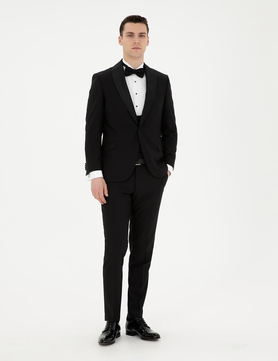 Siyah Ex. Slim Fit Yelekli Smokin