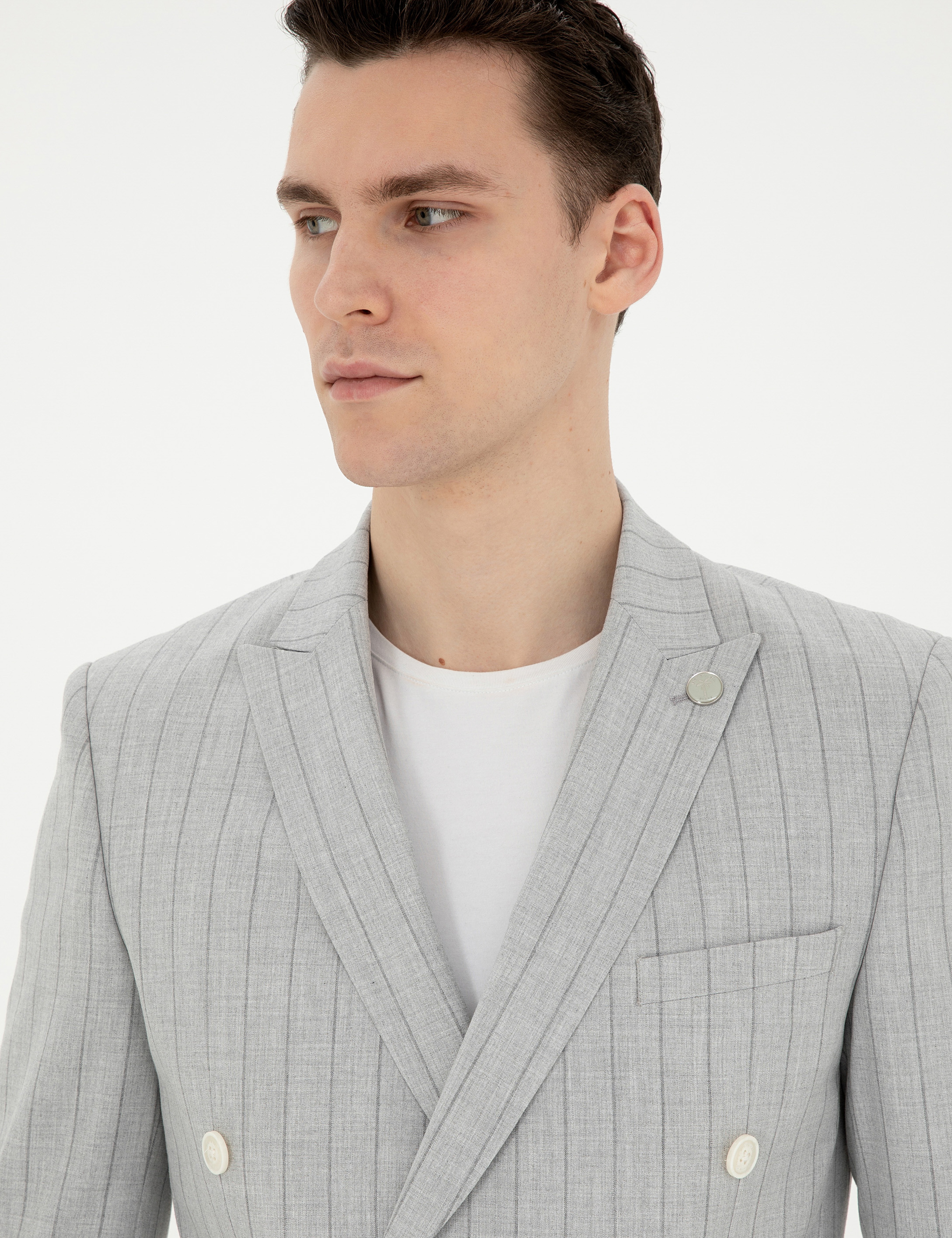 Gri Ekstra Slim Fit Çizgili Kruvaze Takım Elbise