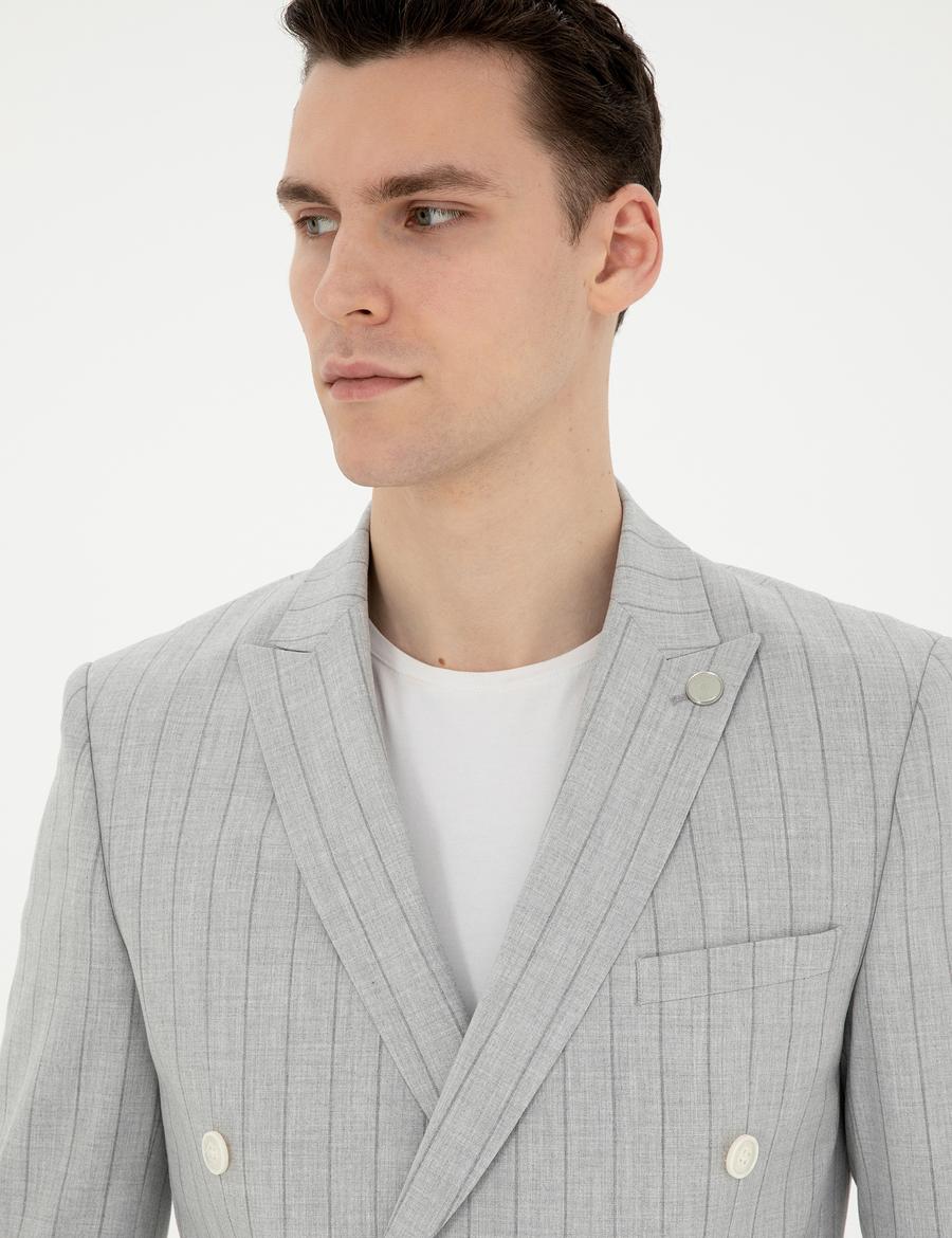 Gri Ekstra Slim Fit Çizgili Kruvaze Takım Elbise