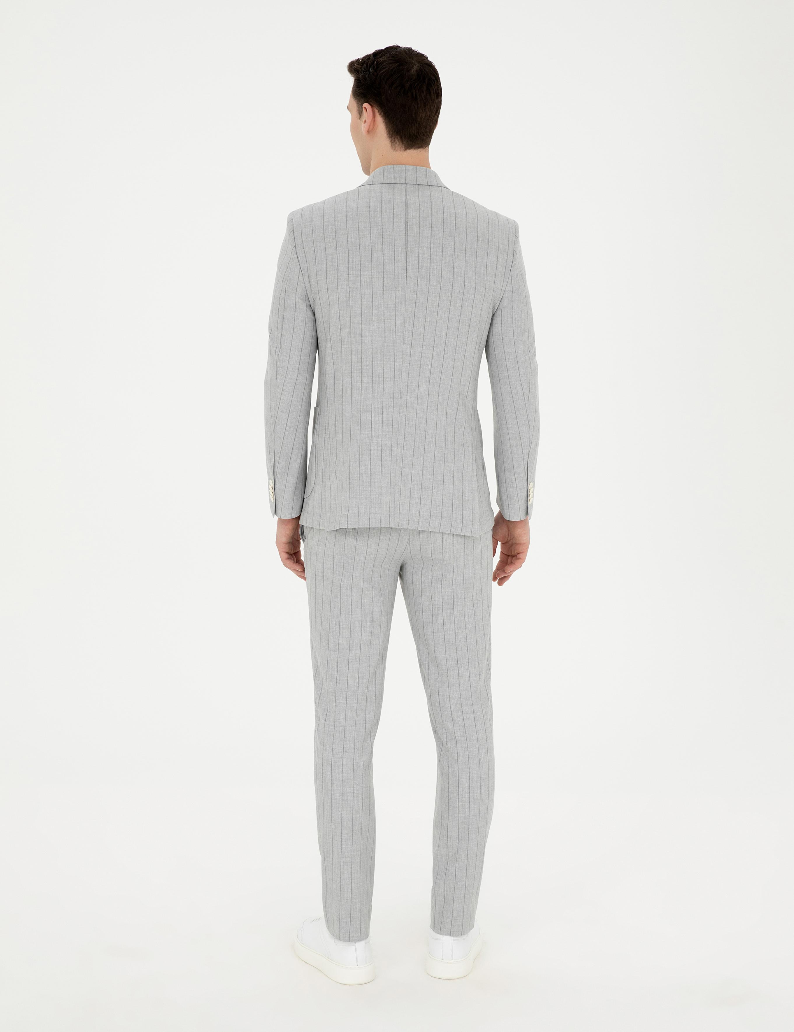 Gri Ekstra Slim Fit Çizgili Kruvaze Takım Elbise