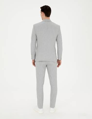 Gri Ekstra Slim Fit Çizgili Kruvaze Takım Elbise