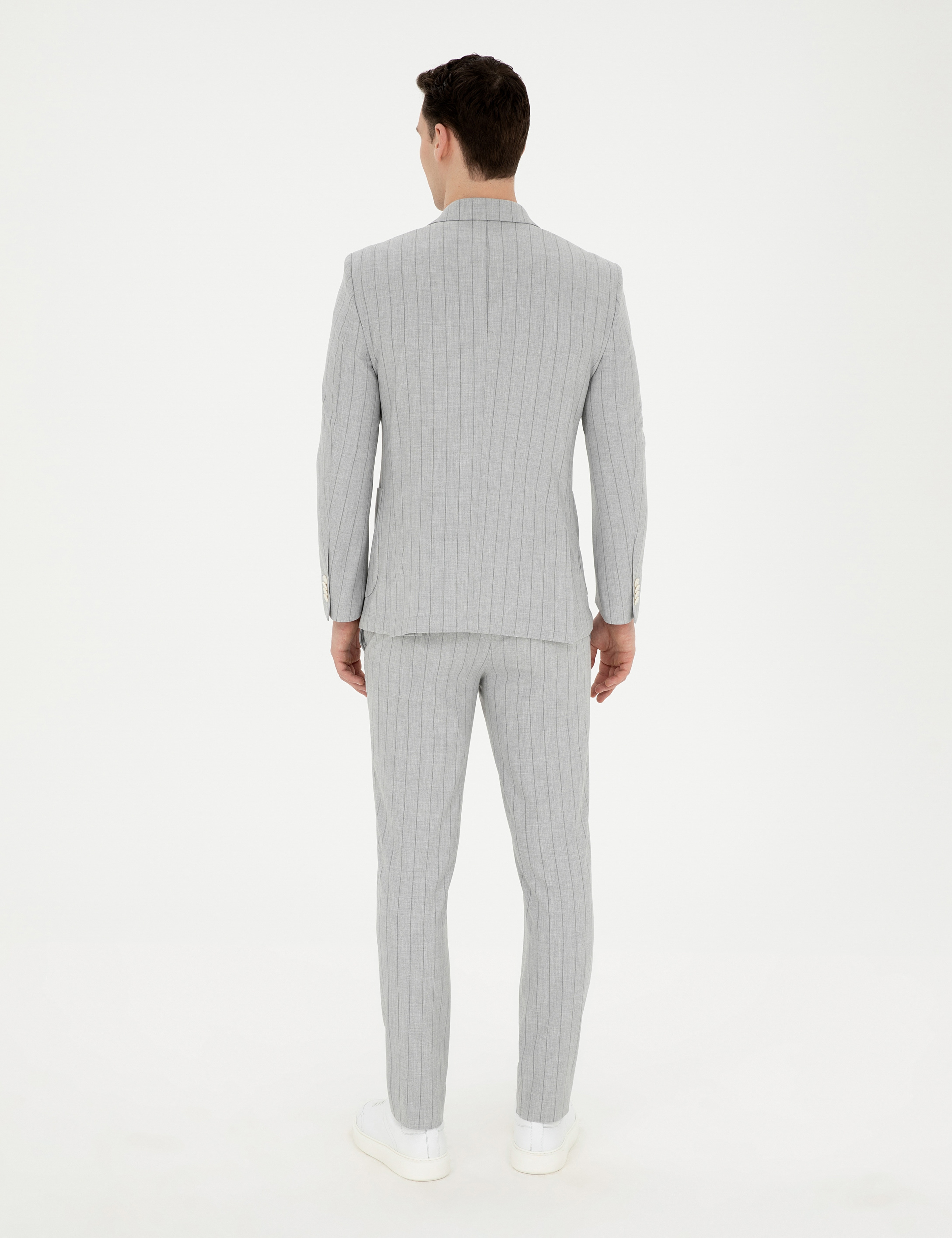 Gri Ekstra Slim Fit Çizgili Kruvaze Takım Elbise