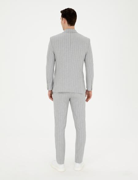 Gri Ekstra Slim Fit Çizgili Kruvaze Takım Elbise - 50288714005