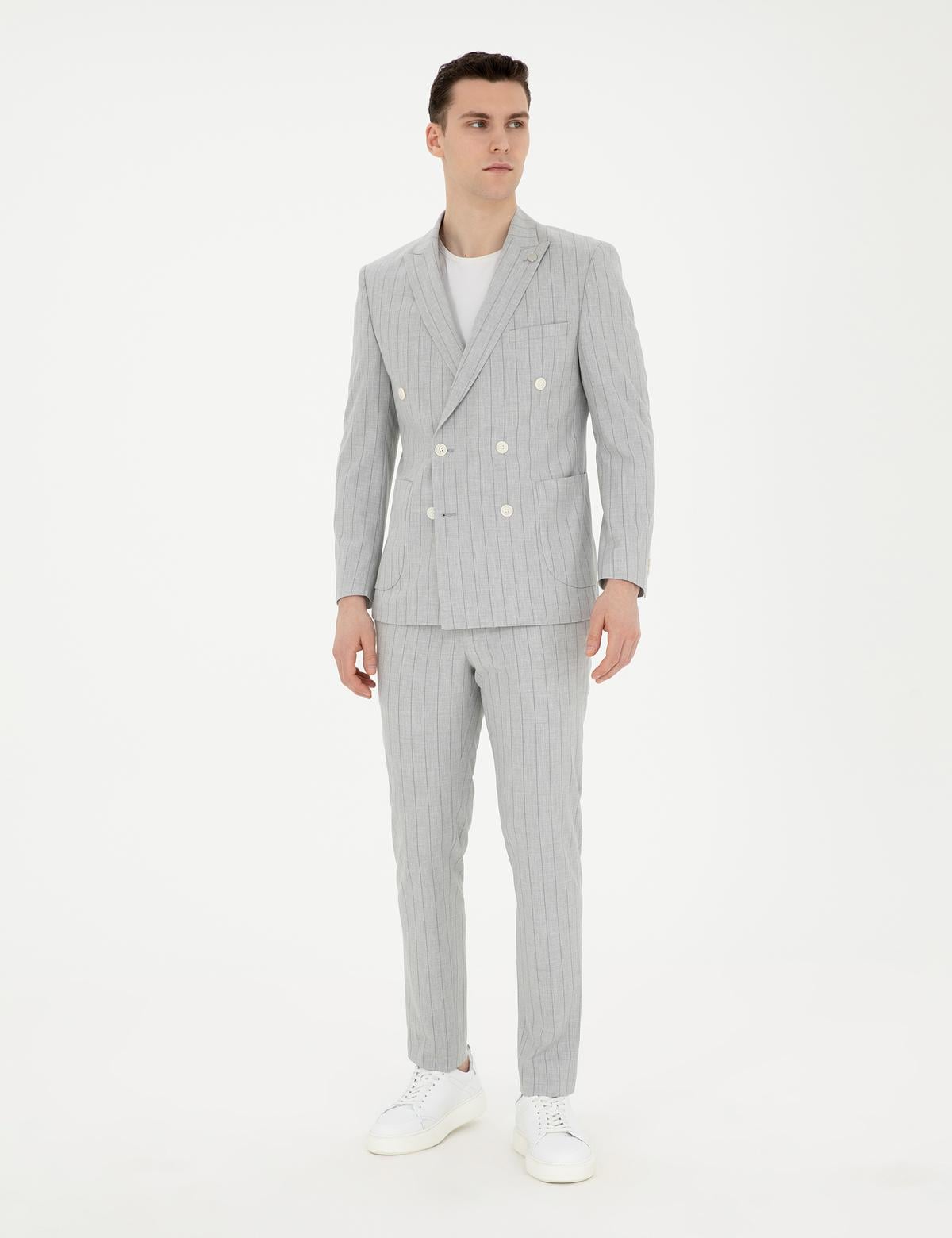 Gri Ekstra Slim Fit Çizgili Kruvaze Takım Elbise - 50288714005