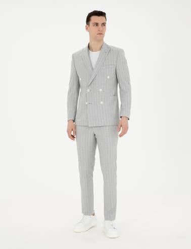 Gri Ekstra Slim Fit Çizgili Kruvaze Takım Elbise