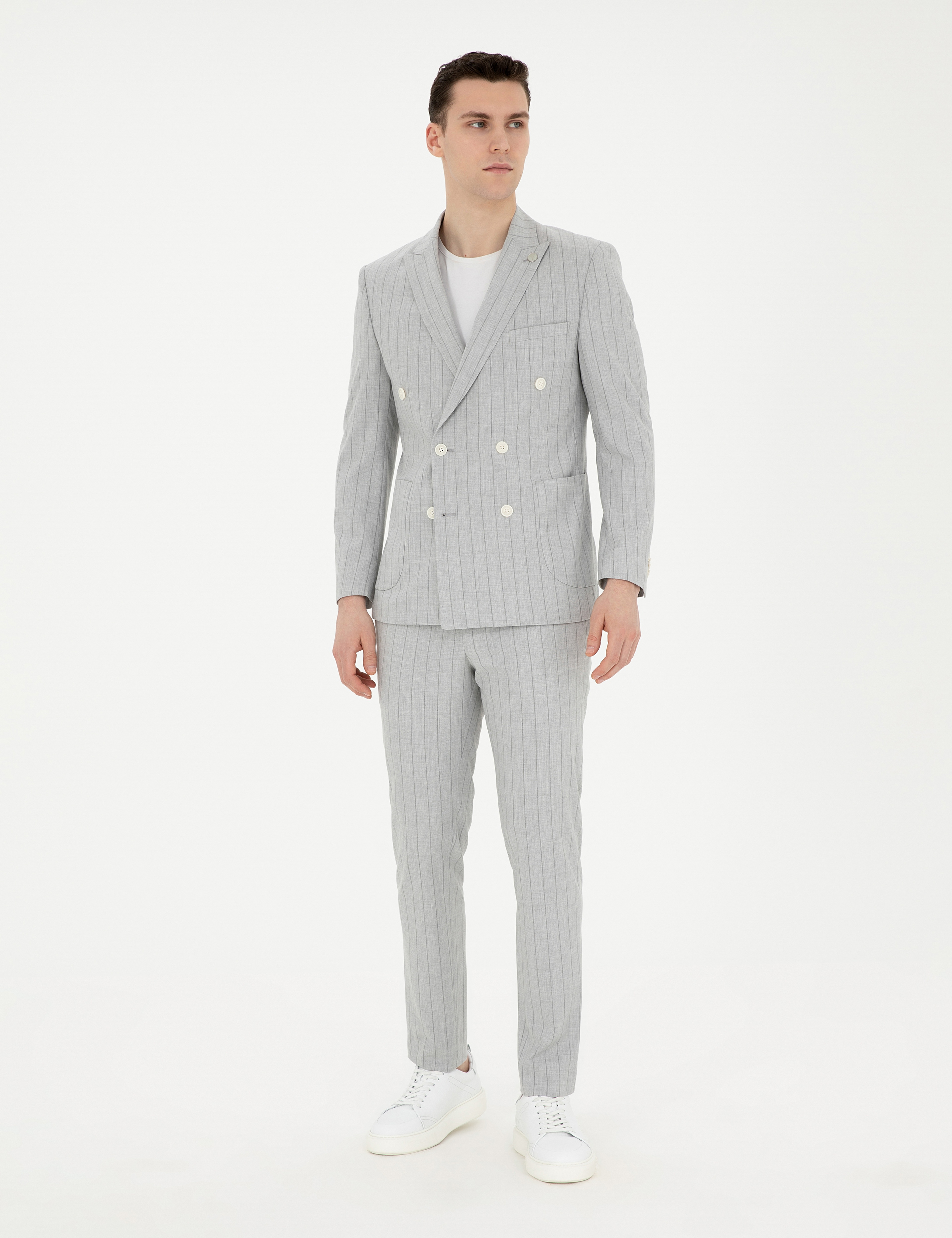 Gri Ekstra Slim Fit Çizgili Kruvaze Takım Elbise - Image 4