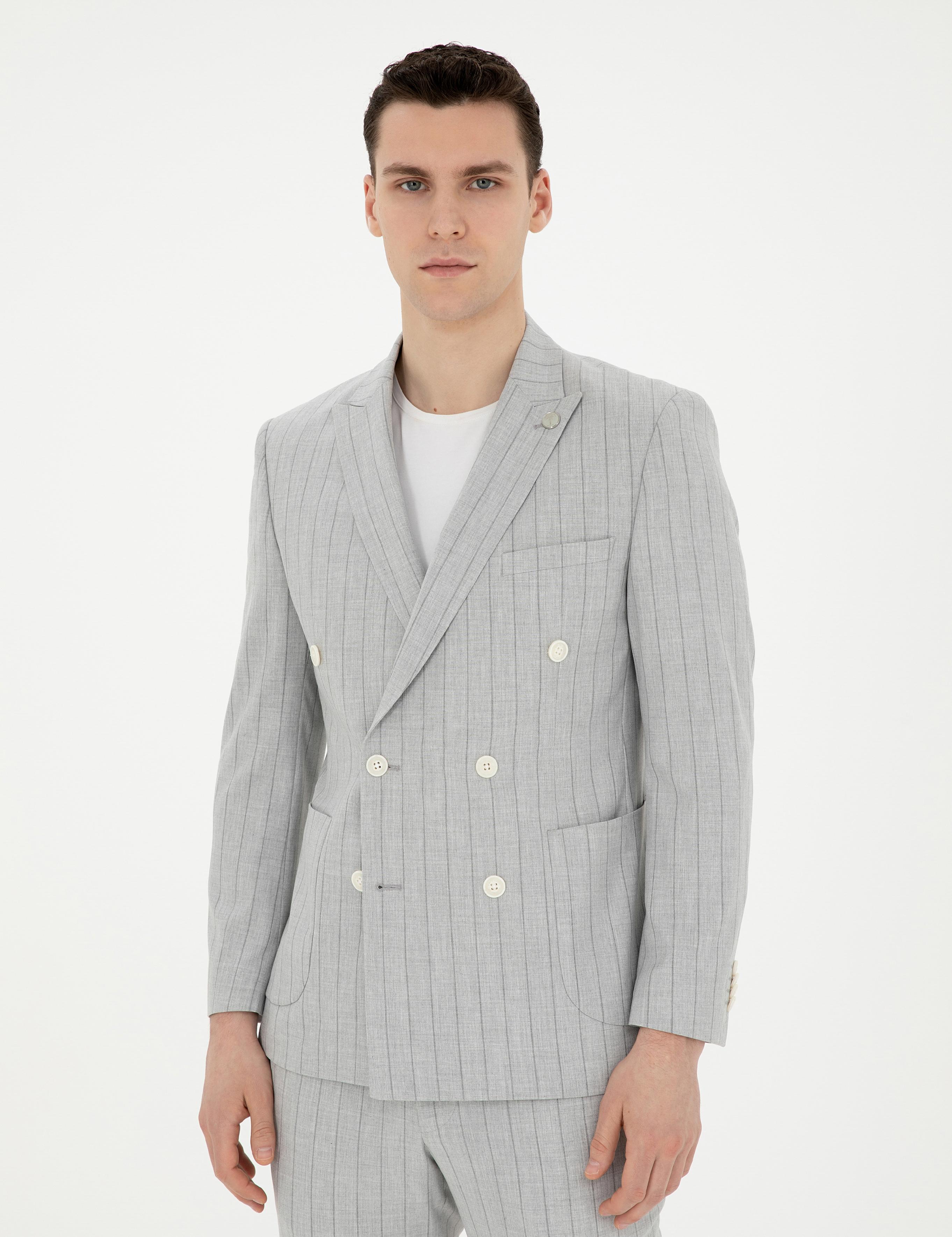 Gri Ekstra Slim Fit Çizgili Kruvaze Takım Elbise