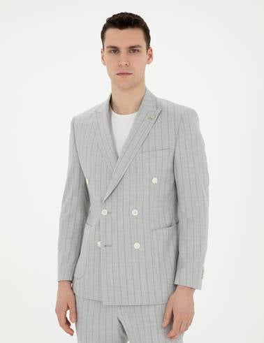 Gri Ekstra Slim Fit Çizgili Kruvaze Takım Elbise