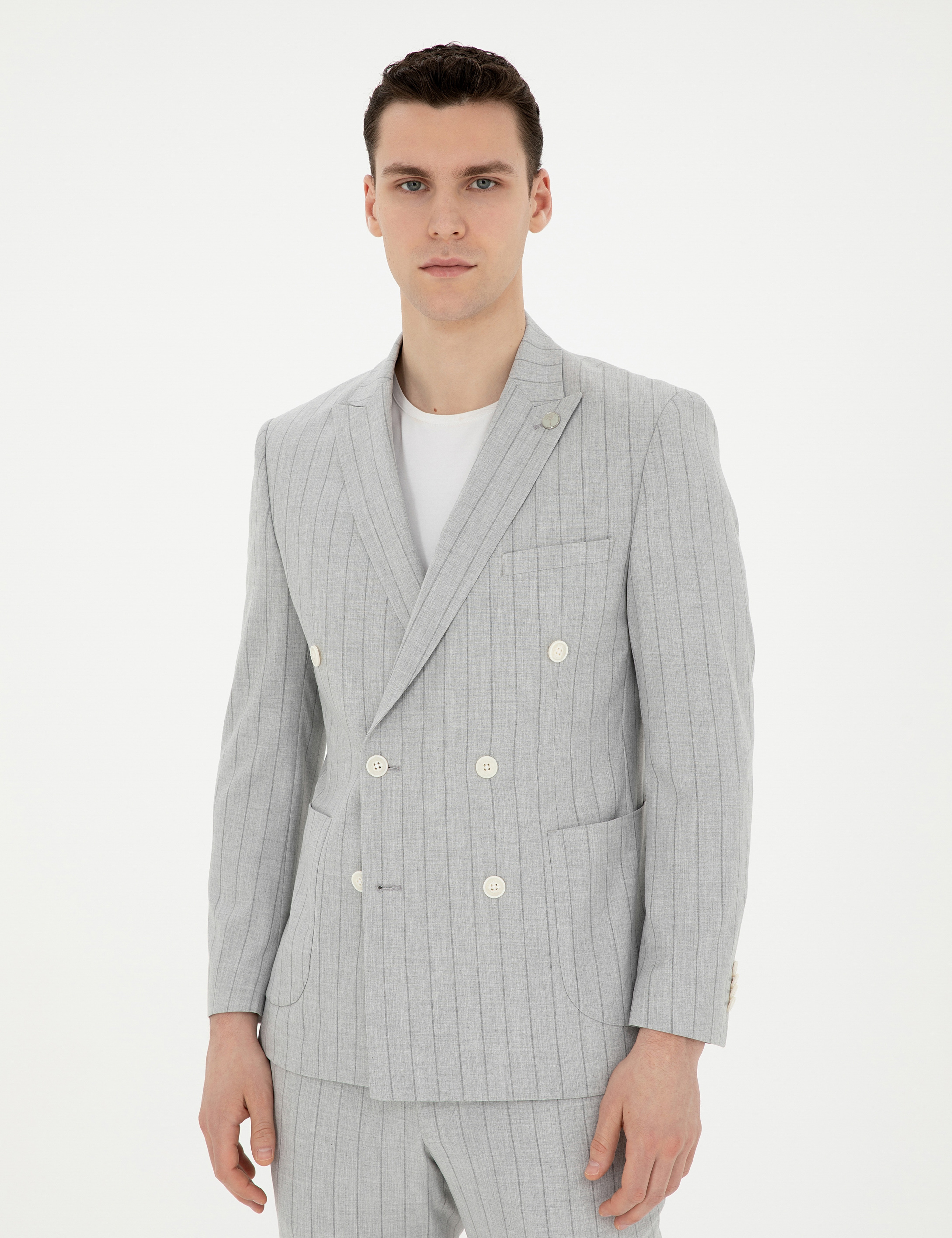 Gri Ekstra Slim Fit Çizgili Kruvaze Takım Elbise - Image 3
