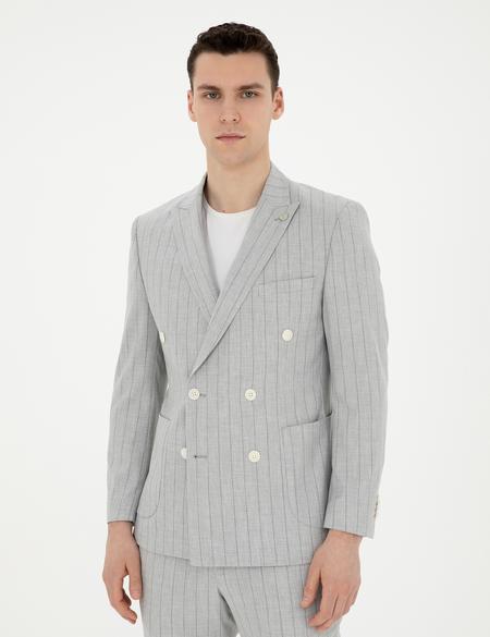 Gri Ekstra Slim Fit Çizgili Kruvaze Takım Elbise - 50288714005