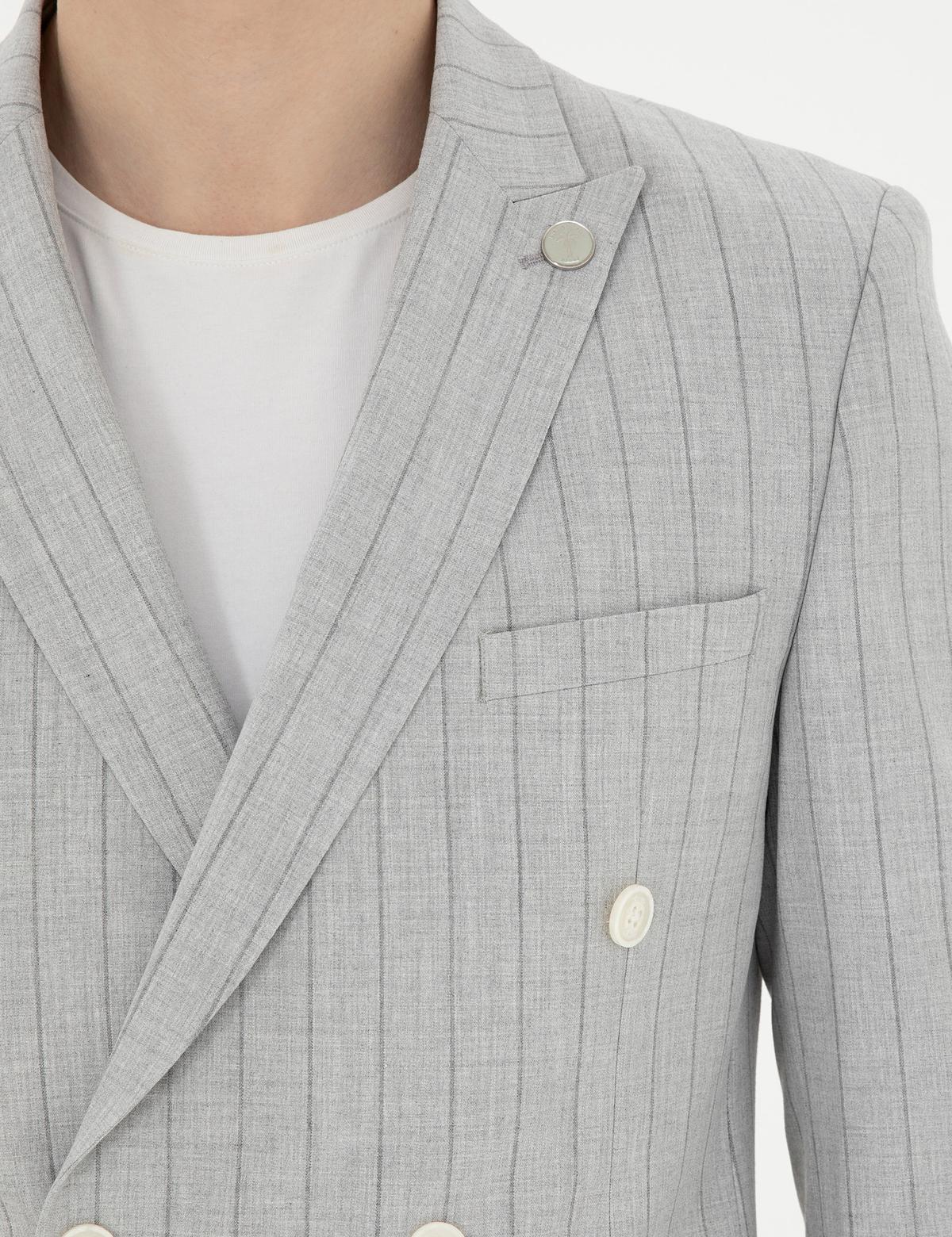 Gri Ekstra Slim Fit Çizgili Kruvaze Takım Elbise - 50288714005