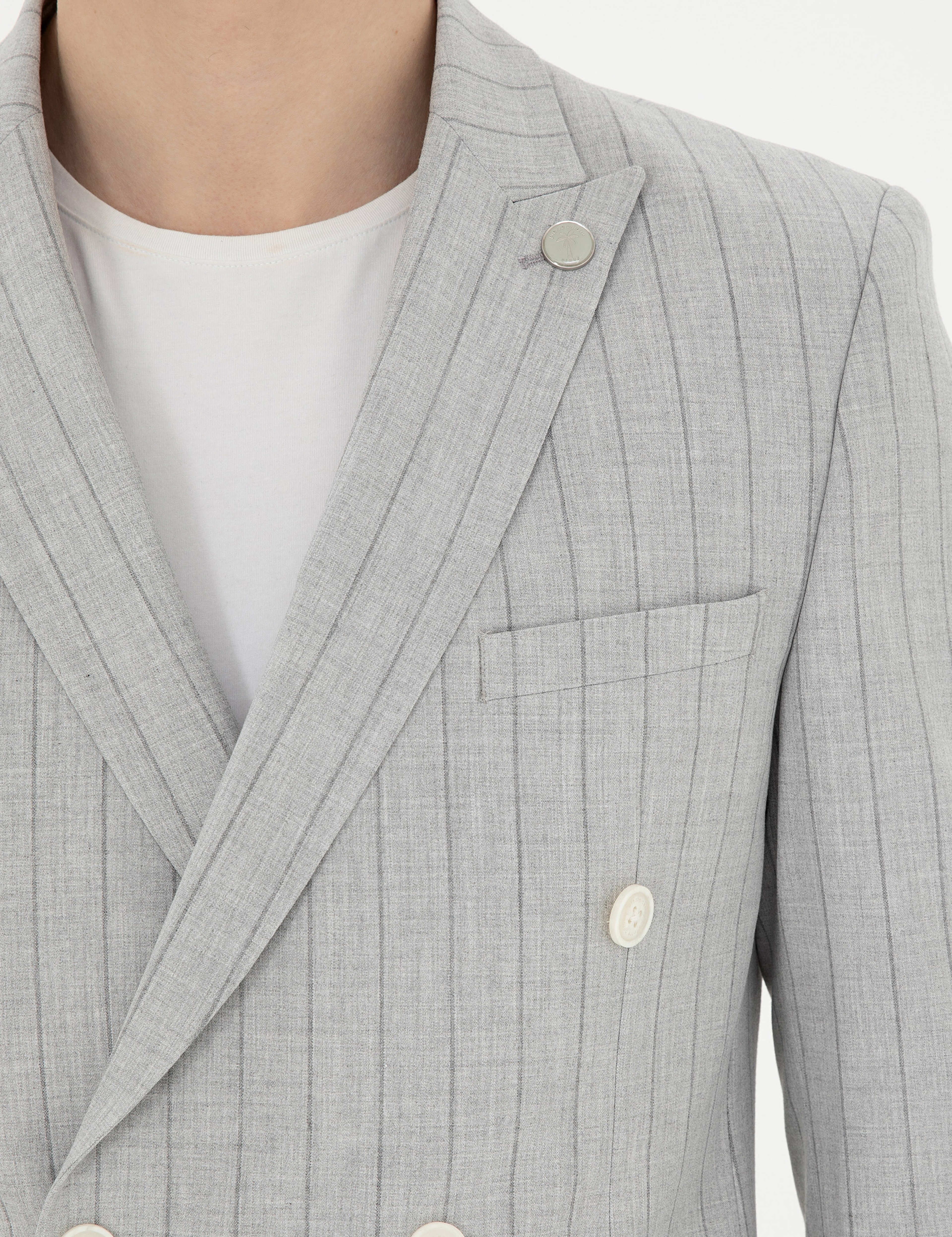 Gri Ekstra Slim Fit Çizgili Kruvaze Takım Elbise - Image 7