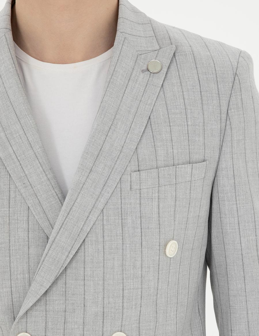 Gri Ekstra Slim Fit Çizgili Kruvaze Takım Elbise