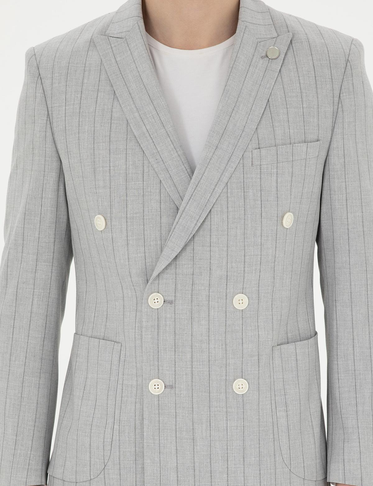 Gri Ekstra Slim Fit Çizgili Kruvaze Takım Elbise - 50288714005