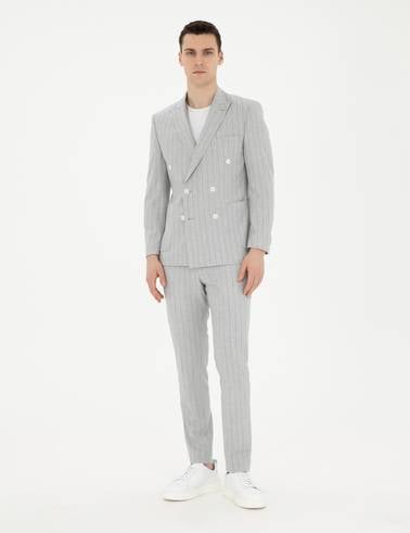 Gri Ekstra Slim Fit Çizgili Kruvaze Takım Elbise