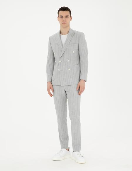 Gri Ekstra Slim Fit Çizgili Kruvaze Takım Elbise - 50288714005