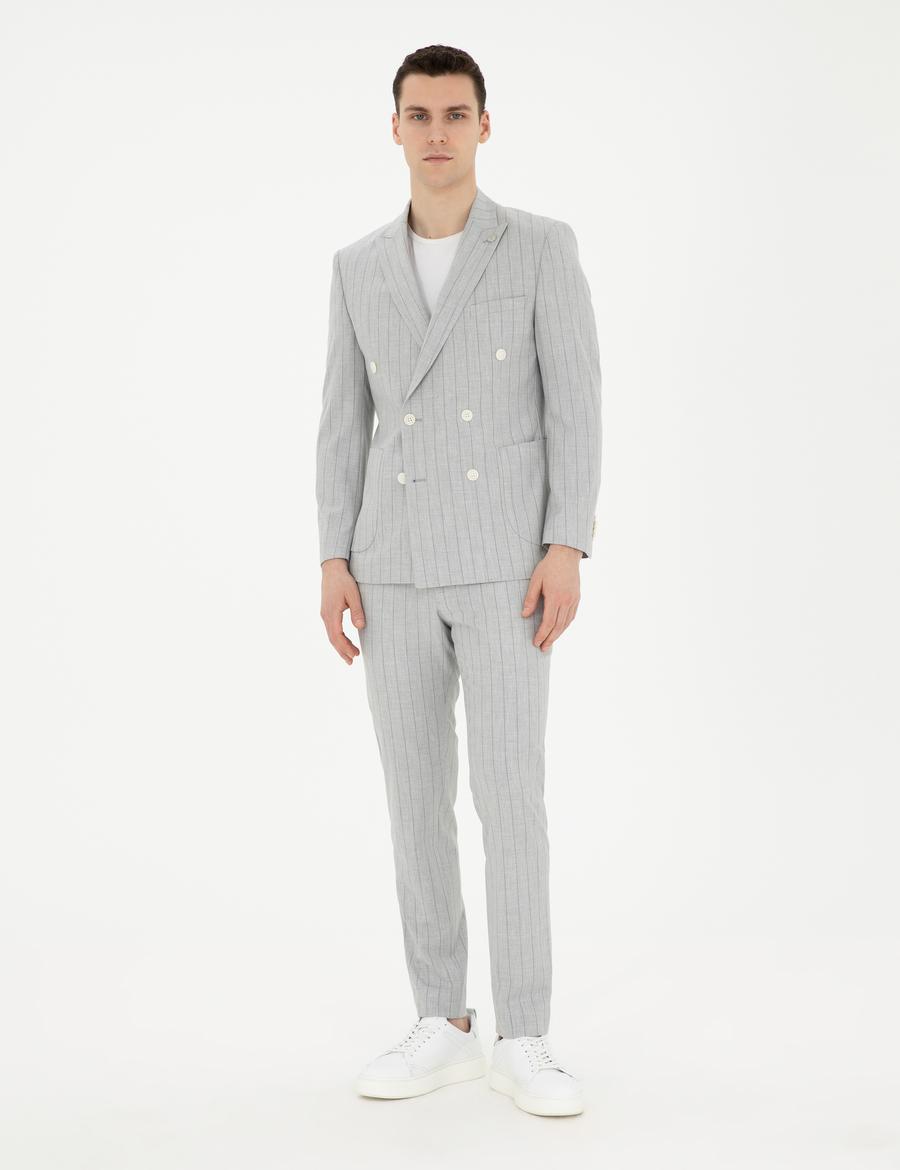 Gri Ekstra Slim Fit Çizgili Kruvaze Takım Elbise