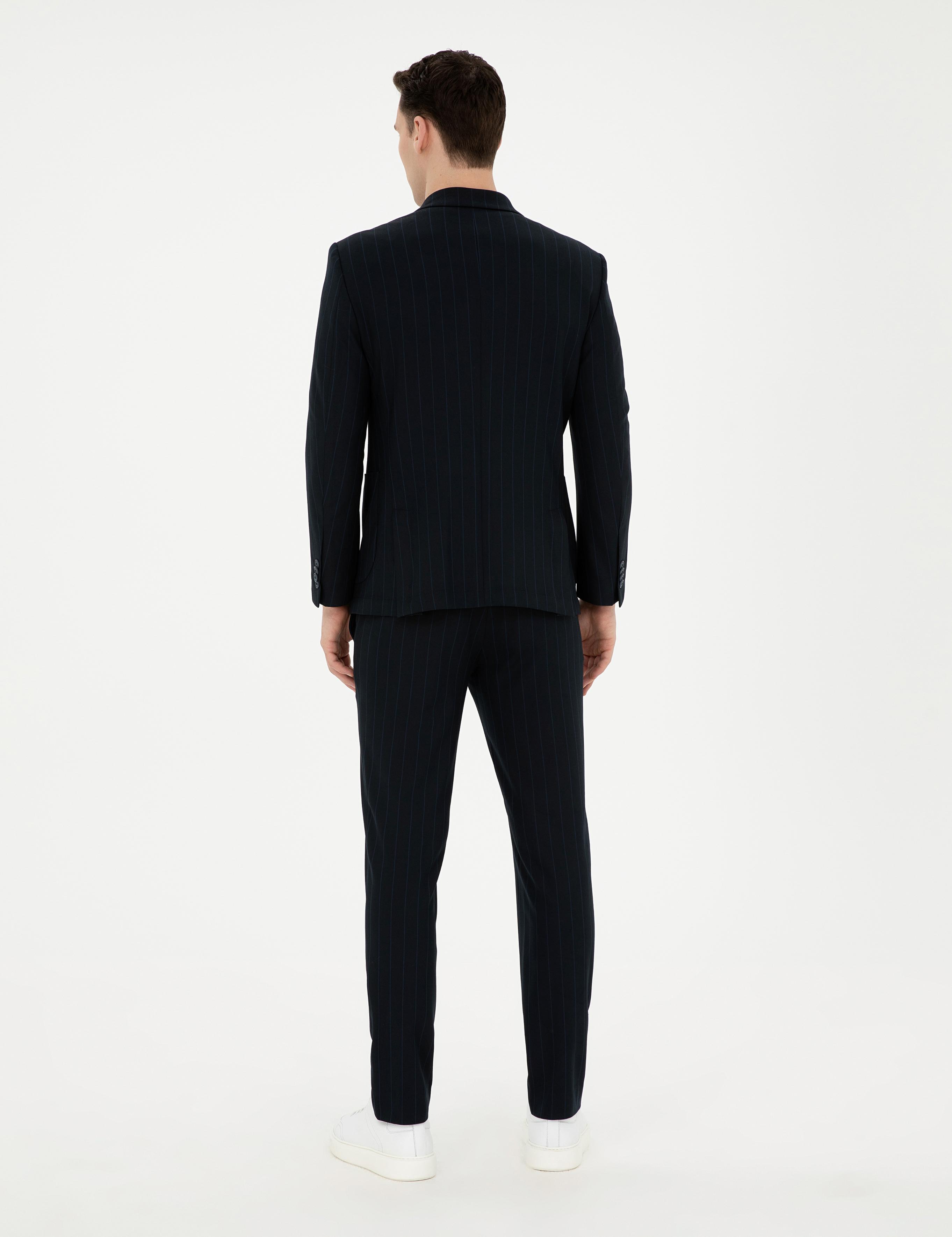 Lacivert Ekstra Slim Fit Çizgili Kruvaze Takım Elbise