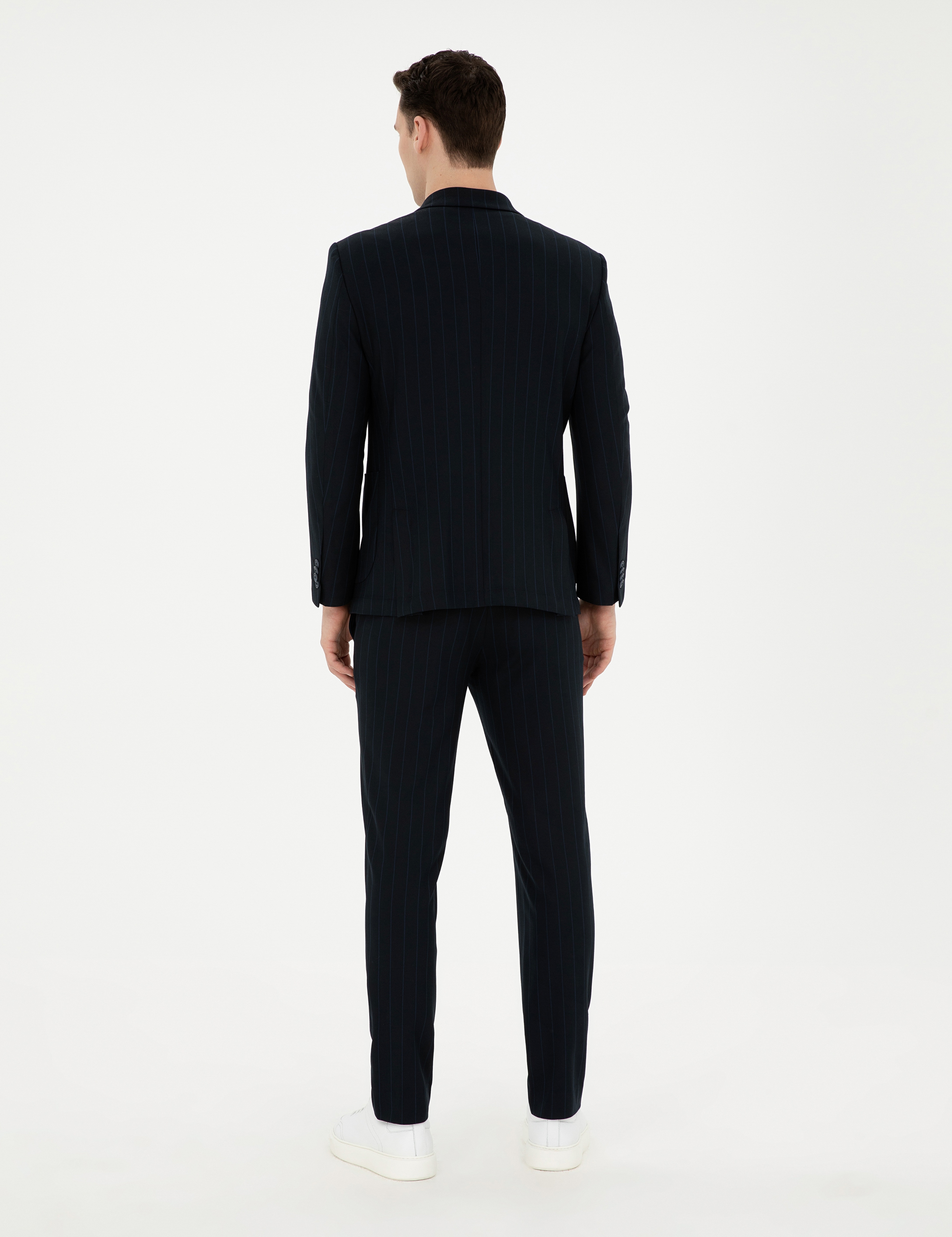 Lacivert Ekstra Slim Fit Çizgili Kruvaze Takım Elbise - Image 5