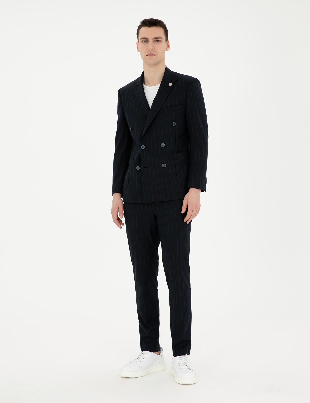 Lacivert Ekstra Slim Fit Çizgili Kruvaze Takım Elbise - 50288714056