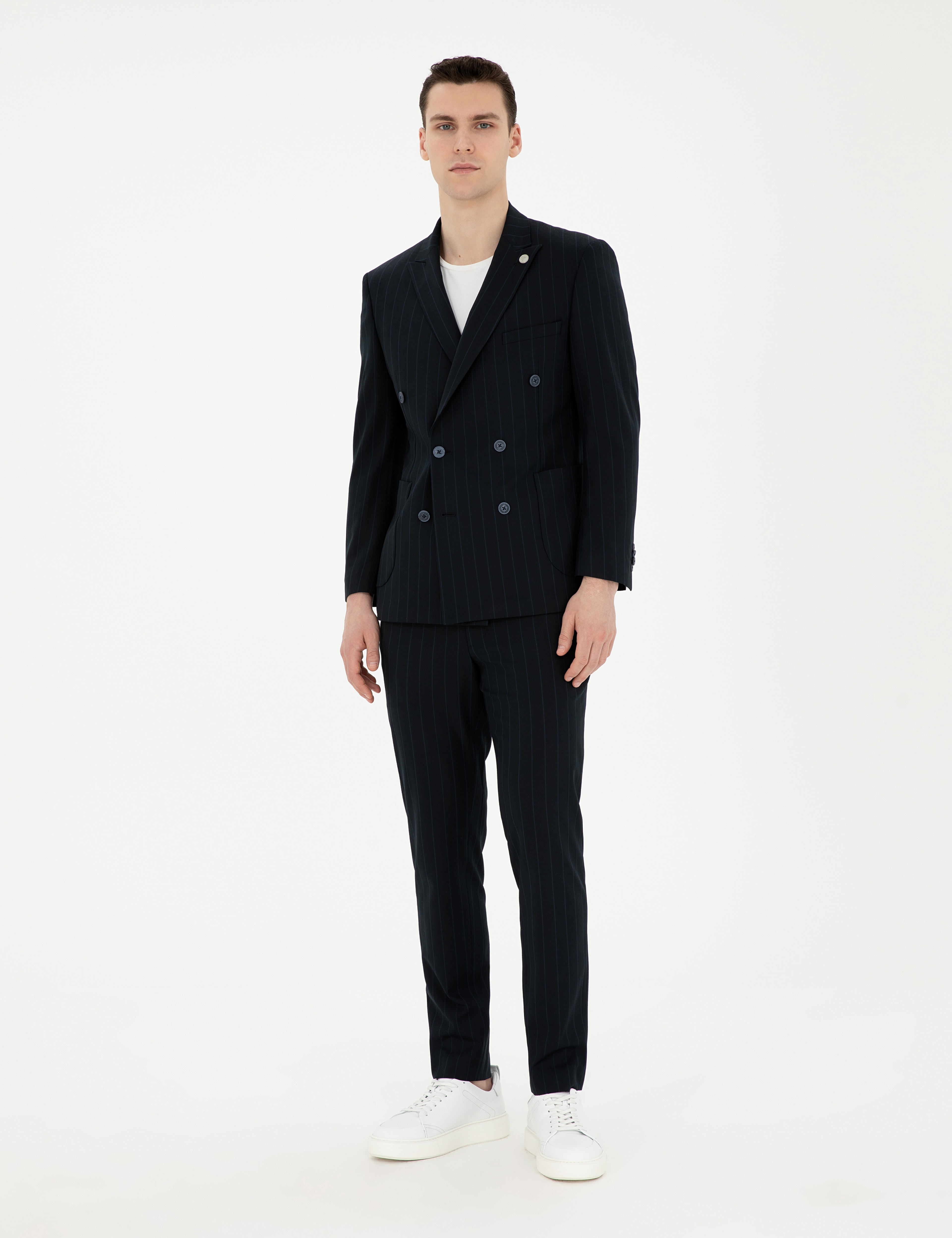 Lacivert Ekstra Slim Fit Çizgili Kruvaze Takım Elbise - Image 4