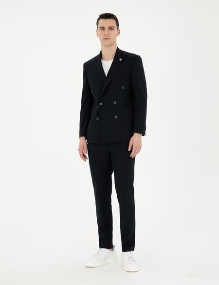 Lacivert Ekstra Slim Fit Çizgili Kruvaze Takım Elbise - 50288714056