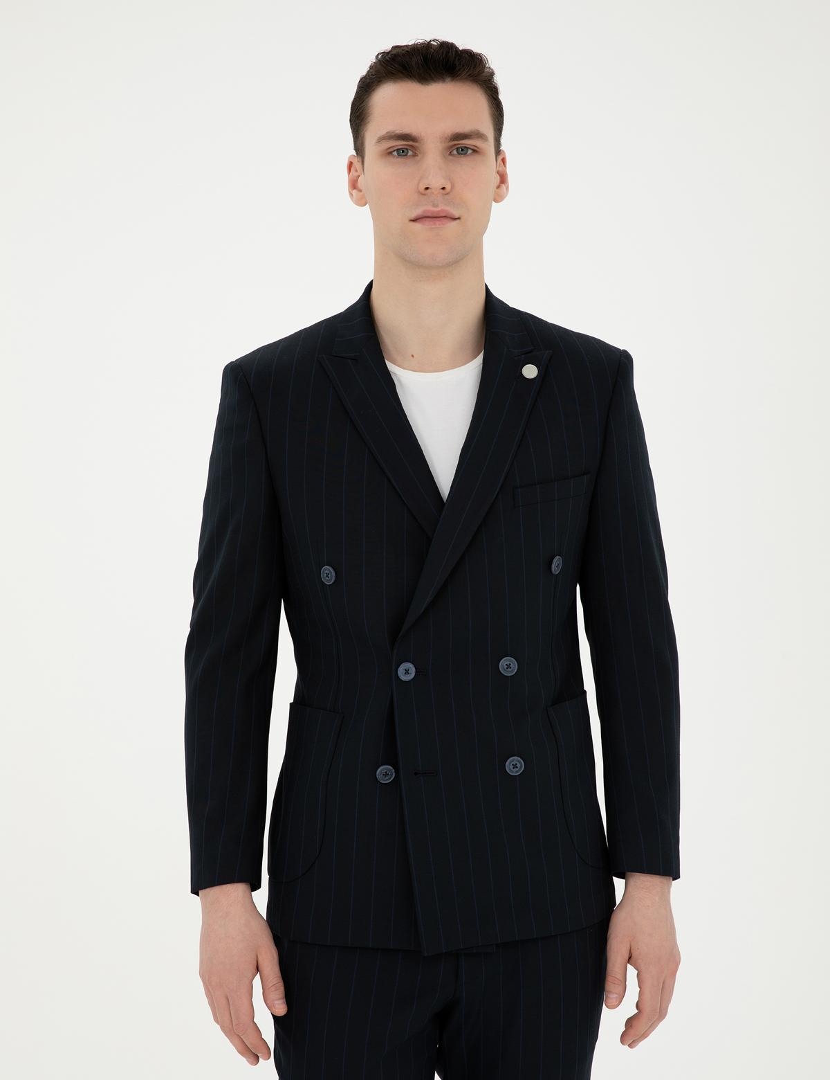 Lacivert Ekstra Slim Fit Çizgili Kruvaze Takım Elbise - 50288714056