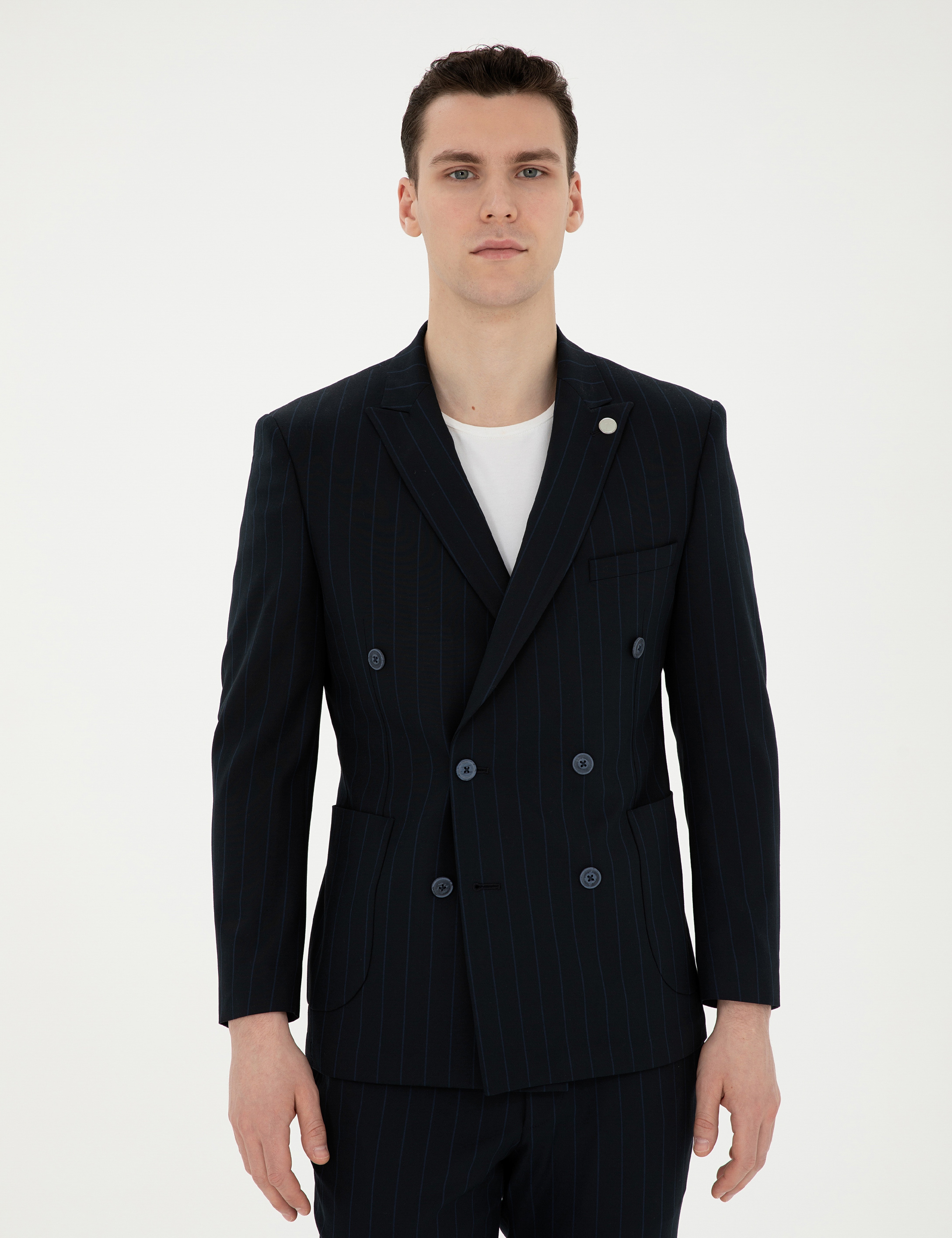Lacivert Ekstra Slim Fit Çizgili Kruvaze Takım Elbise - Image 3
