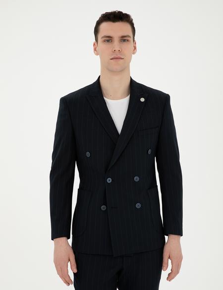 Lacivert Ekstra Slim Fit Çizgili Kruvaze Takım Elbise - 50288714056