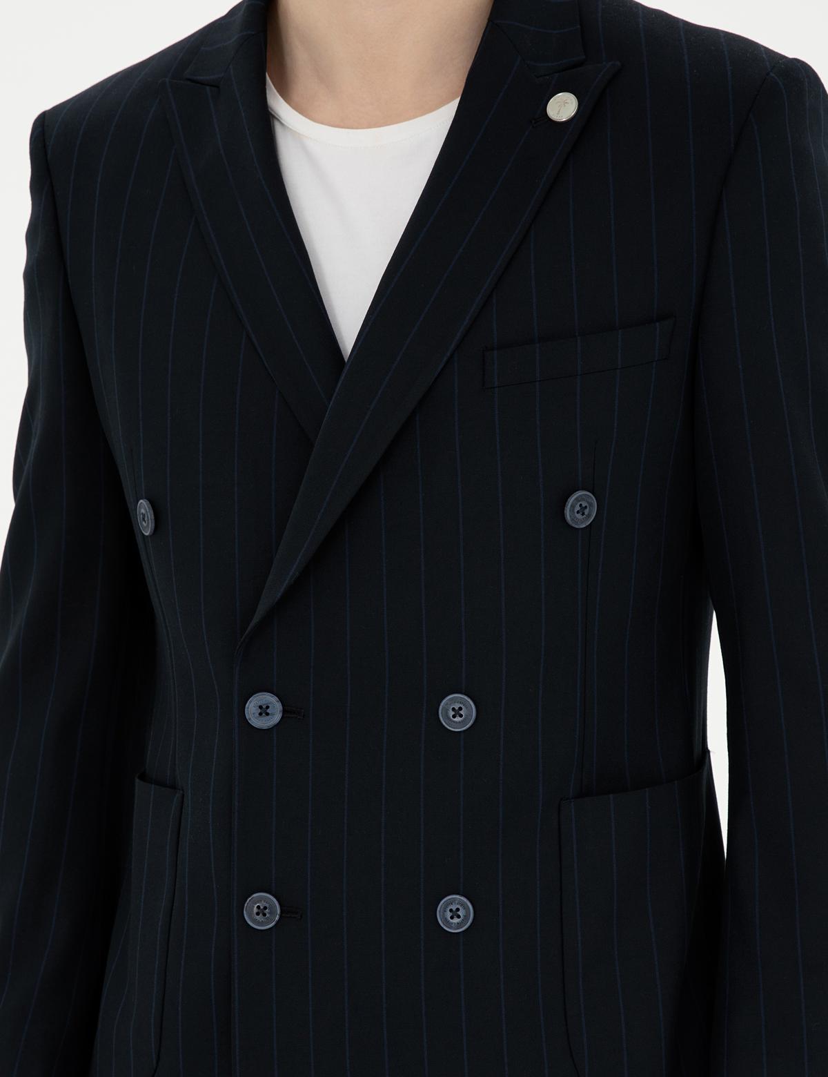 Lacivert Ekstra Slim Fit Çizgili Kruvaze Takım Elbise - 50288714056