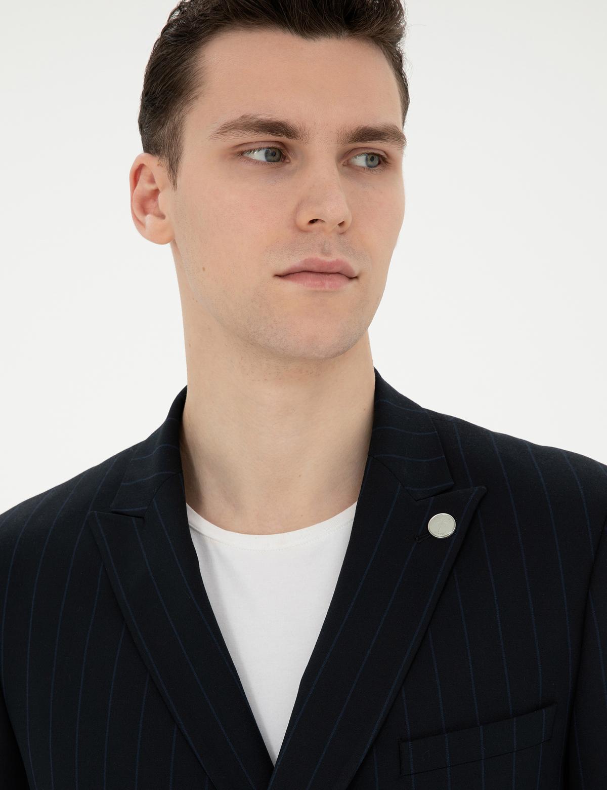 Lacivert Ekstra Slim Fit Çizgili Kruvaze Takım Elbise - 50288714056