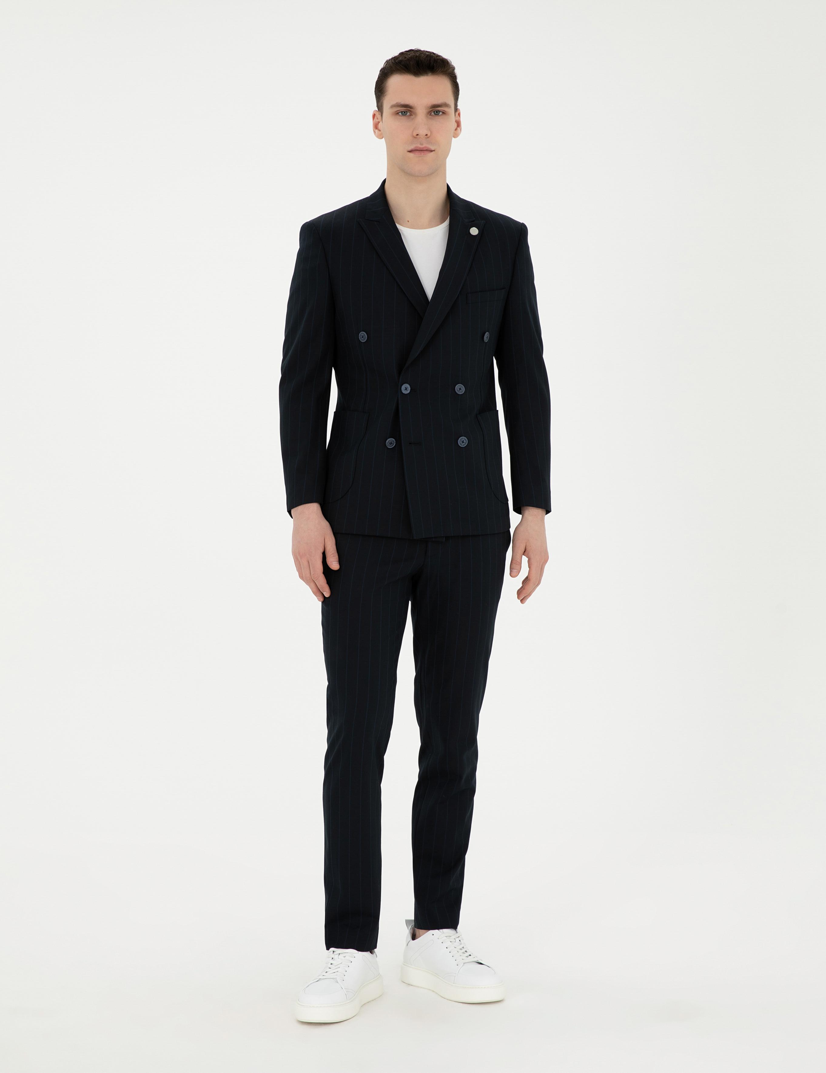 Lacivert Ekstra Slim Fit Çizgili Kruvaze Takım Elbise