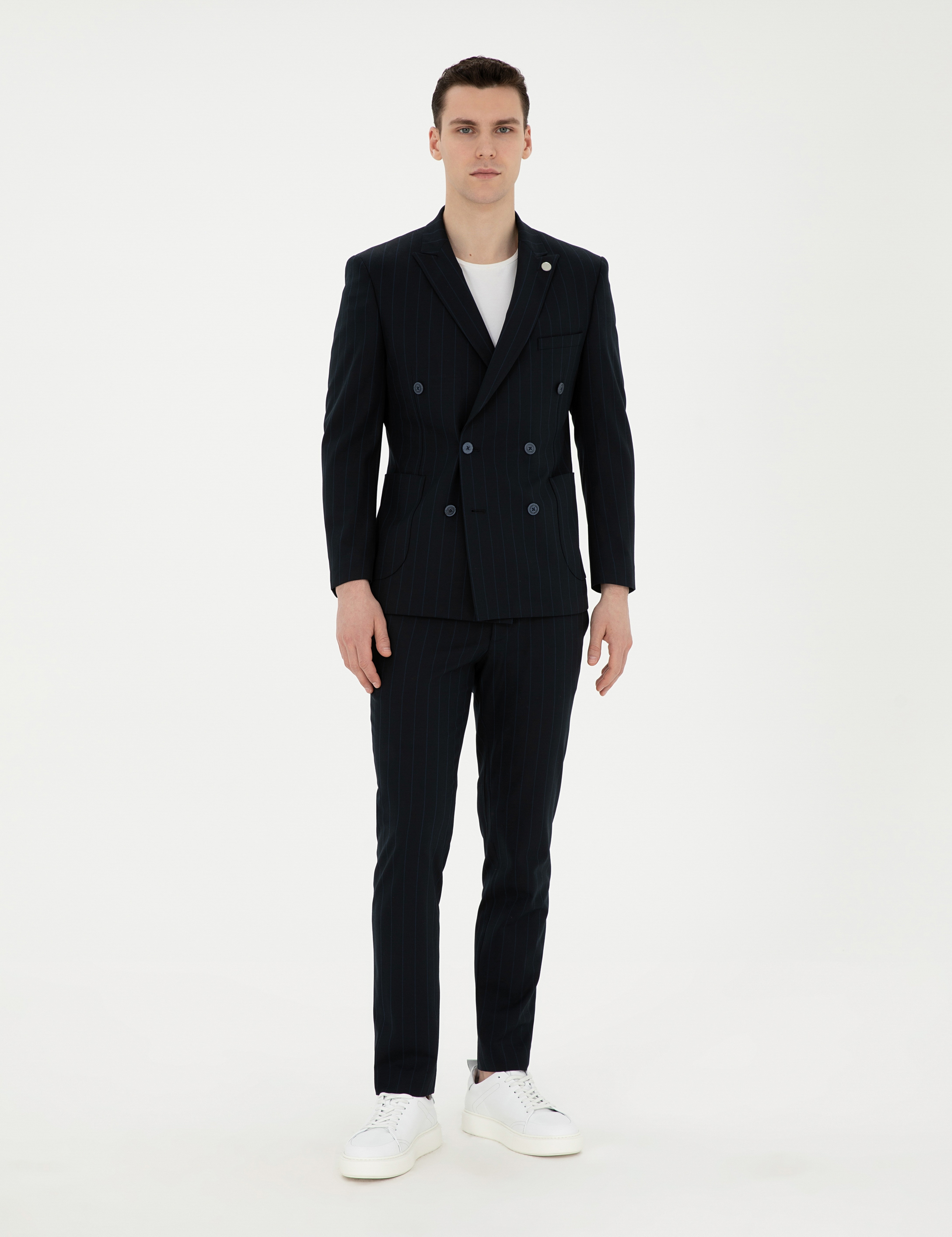 Lacivert Ekstra Slim Fit Çizgili Kruvaze Takım Elbise - Image 1