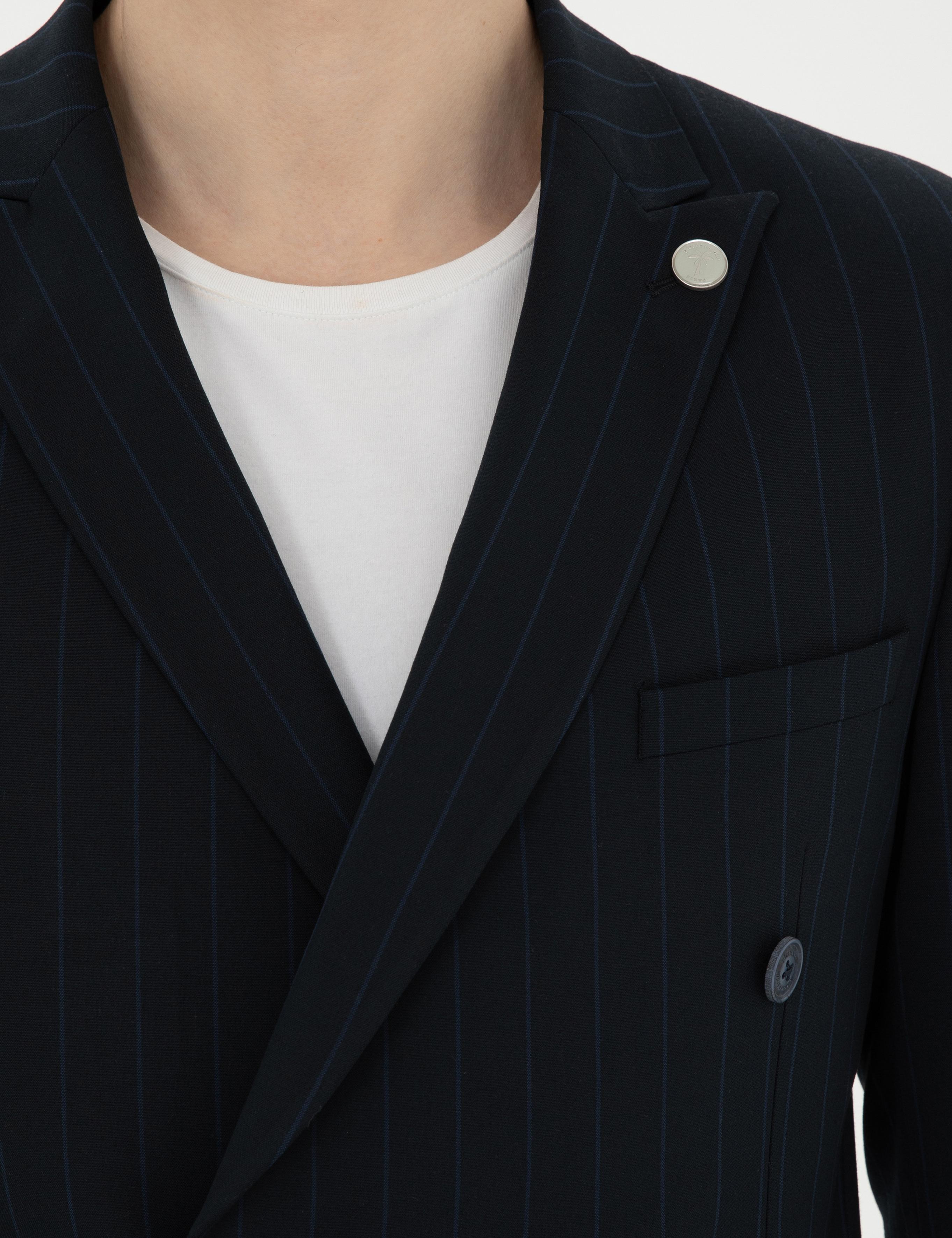 Lacivert Ekstra Slim Fit Çizgili Kruvaze Takım Elbise