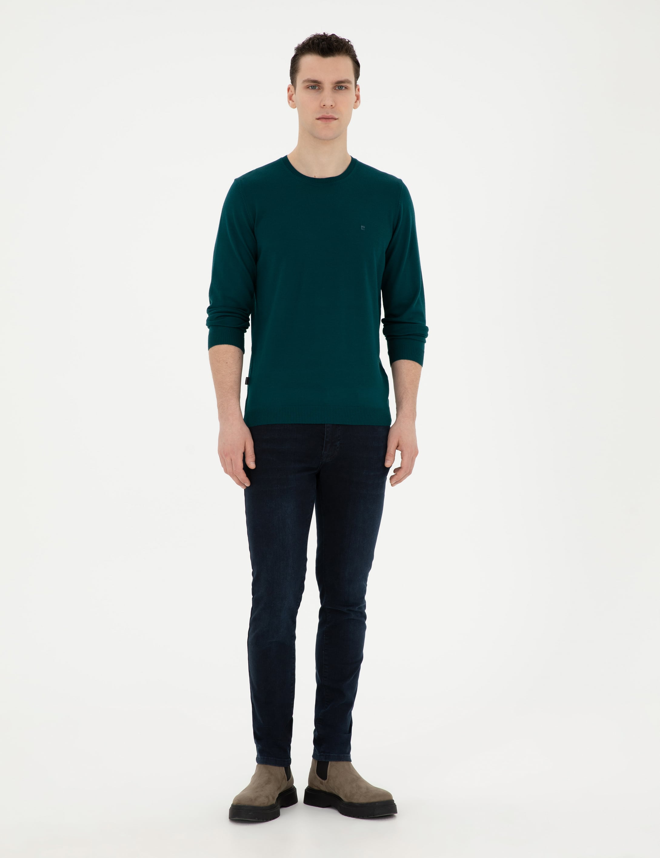 Yeşil Slim Fit Bisiklet Yaka Yün Karışımlı Basic Triko Kazak