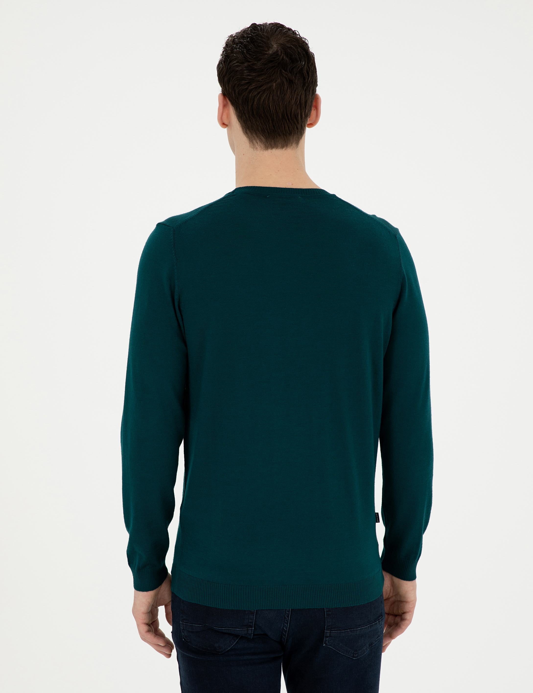 Yeşil Slim Fit Bisiklet Yaka Yün Karışımlı Basic Triko Kazak