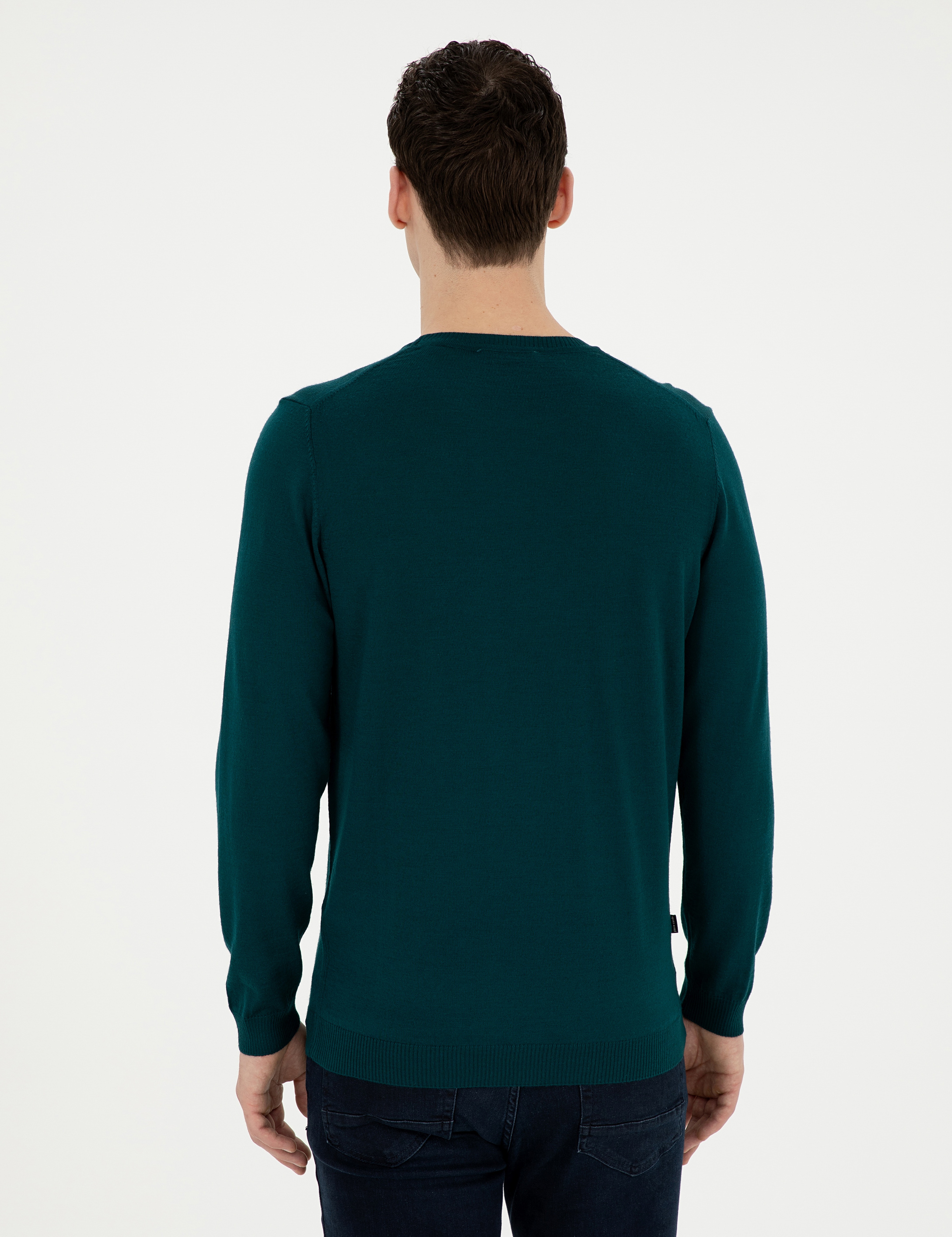 Yeşil Slim Fit Bisiklet Yaka Yün Karışımlı Basic Triko Kazak - Image 5