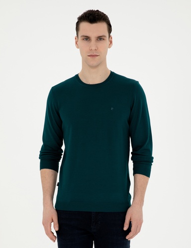Yeşil Slim Fit Bisiklet Yaka Yün Karışımlı Basic Triko Kazak