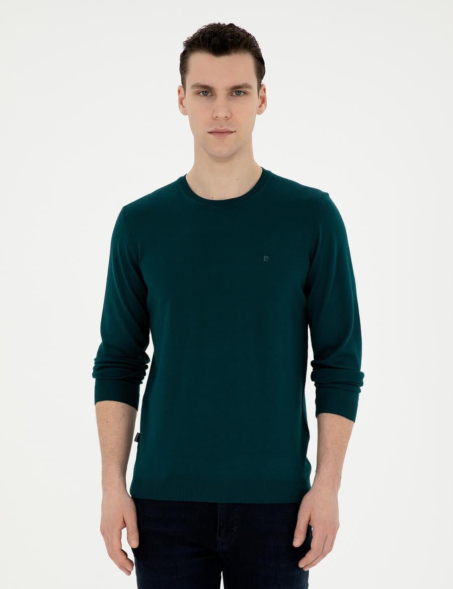 Yeşil Slim Fit Bisiklet Yaka Yün Karışımlı Basic Triko Kazak