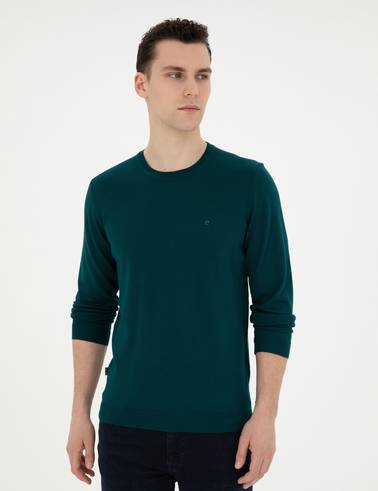 Yeşil Slim Fit Bisiklet Yaka Yün Karışımlı Basic Triko Kazak