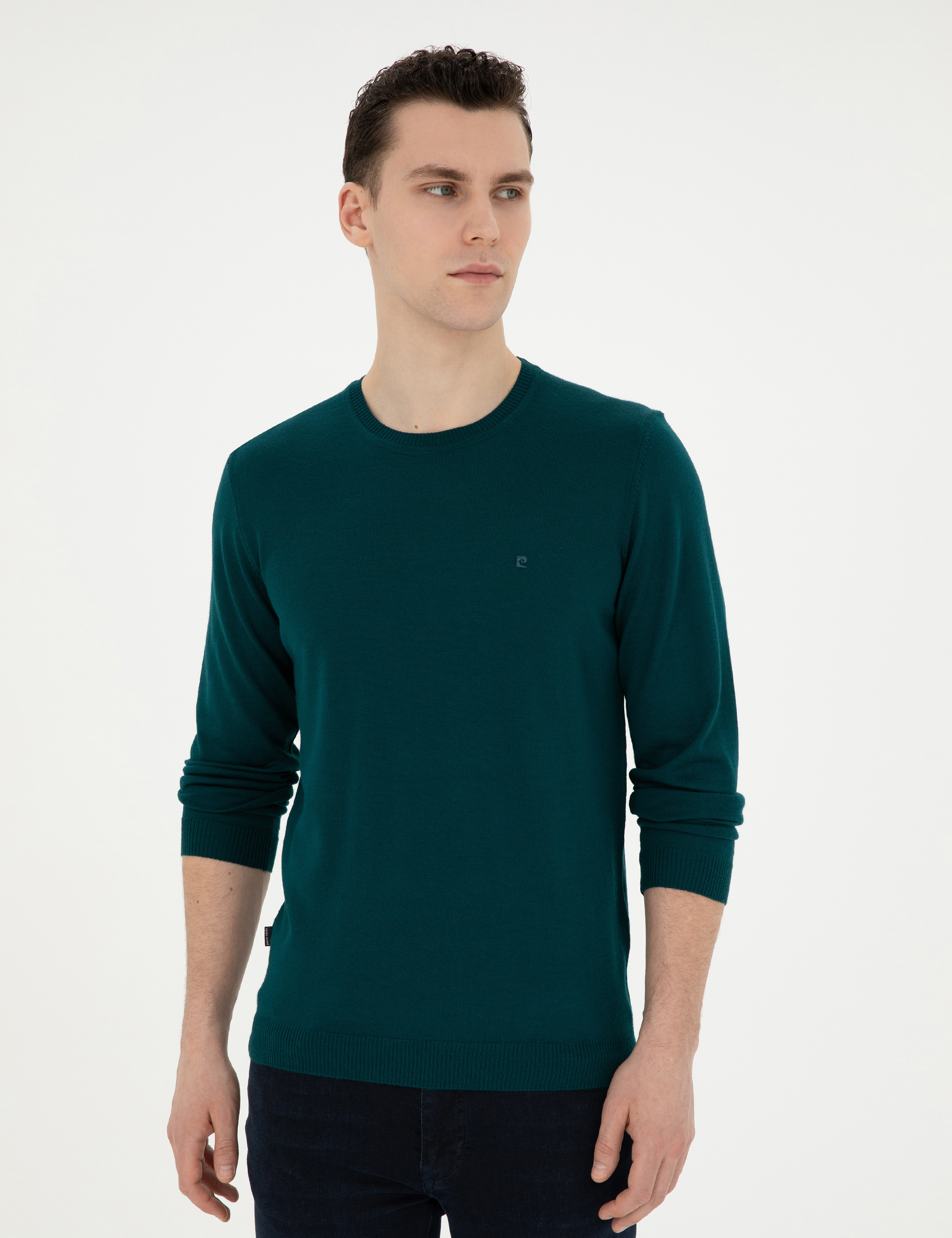 Yeşil Slim Fit Bisiklet Yaka Yün Karışımlı Basic Triko Kazak