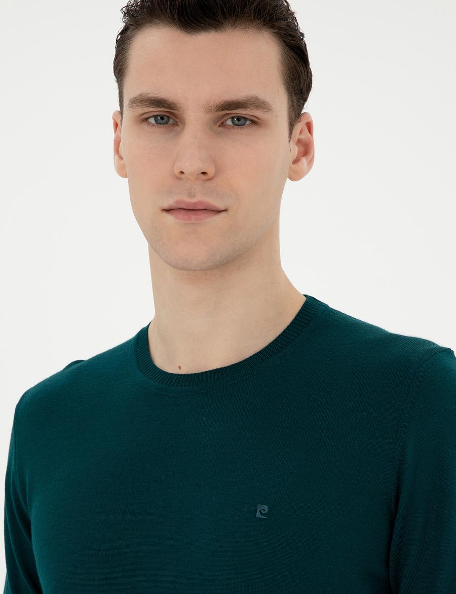 Yeşil Slim Fit Bisiklet Yaka Yün Karışımlı Basic Triko Kazak