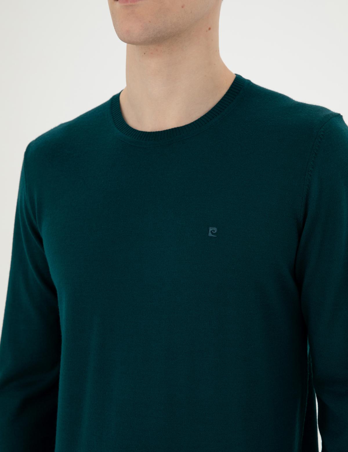 Yeşil Slim Fit Bisiklet Yaka Yün Karışımlı Basic Triko Kazak - 50270054147