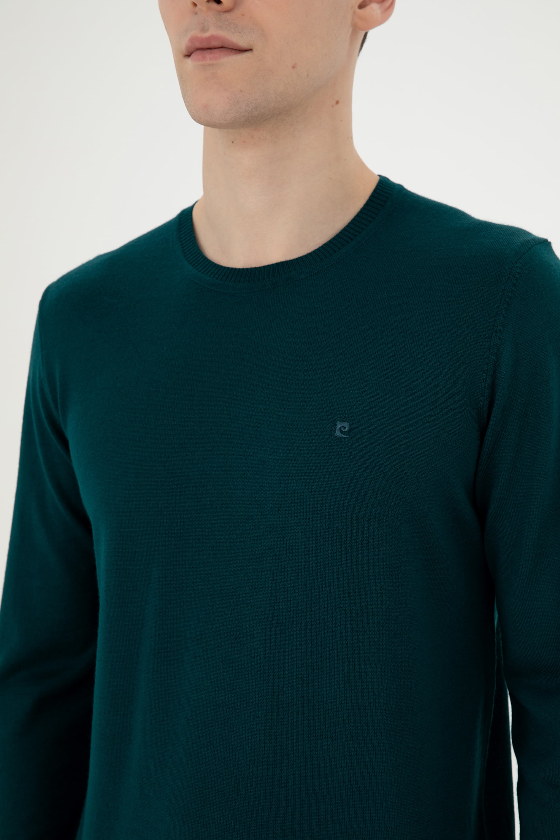 Yeşil Slim Fit Bisiklet Yaka Yün Karışımlı Basic Triko Kazak