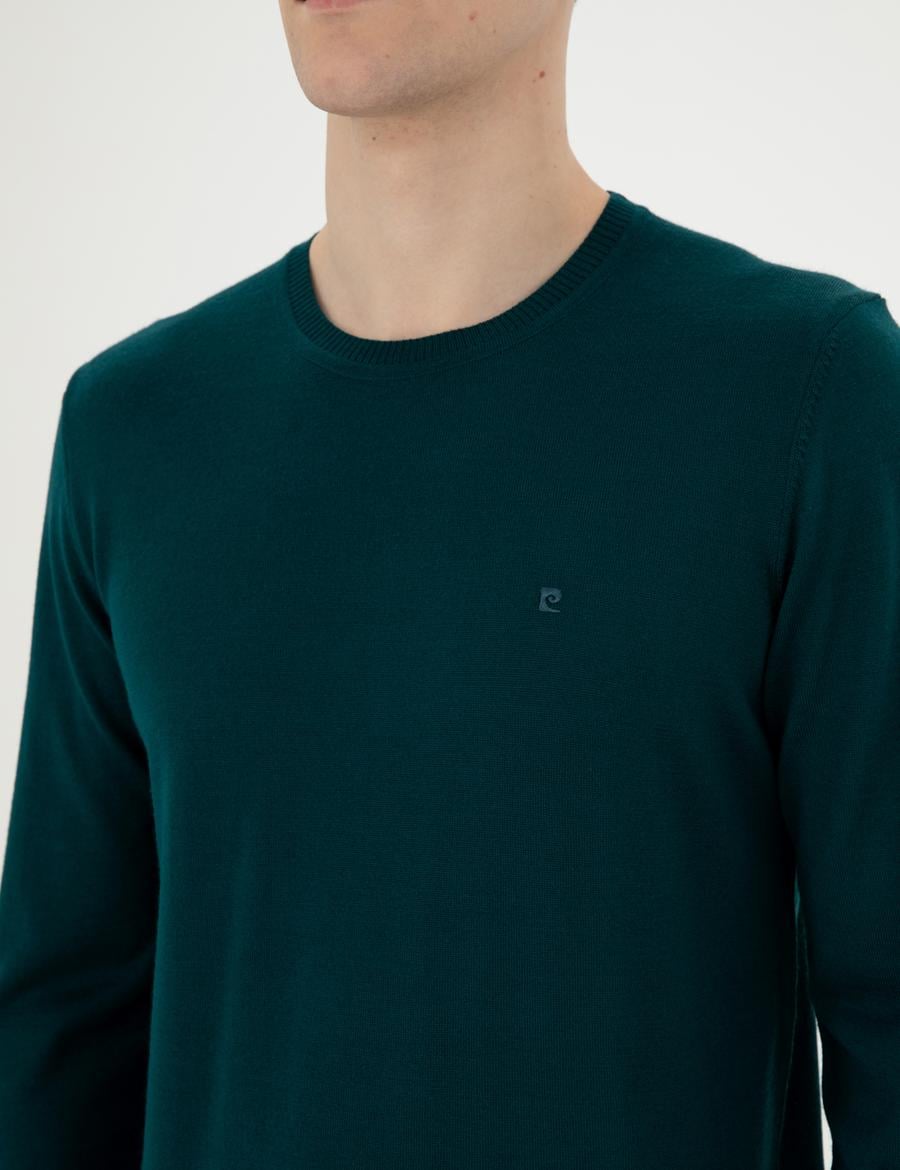 Yeşil Slim Fit Bisiklet Yaka Yün Karışımlı Basic Triko Kazak