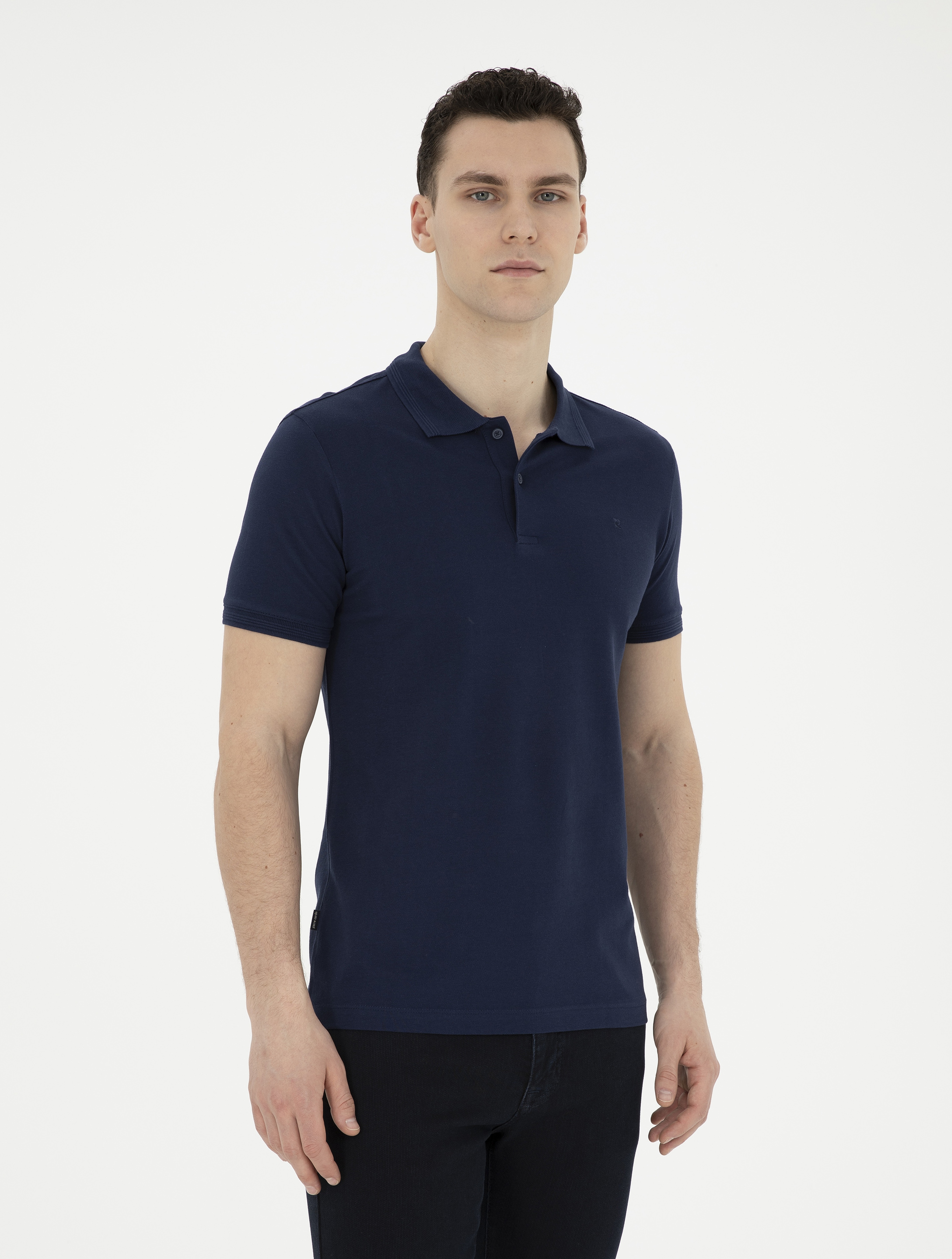 Lacivert Slim Fit %100 Pamuk Düğmeli Polo Yaka Basic Tişört - Image 1